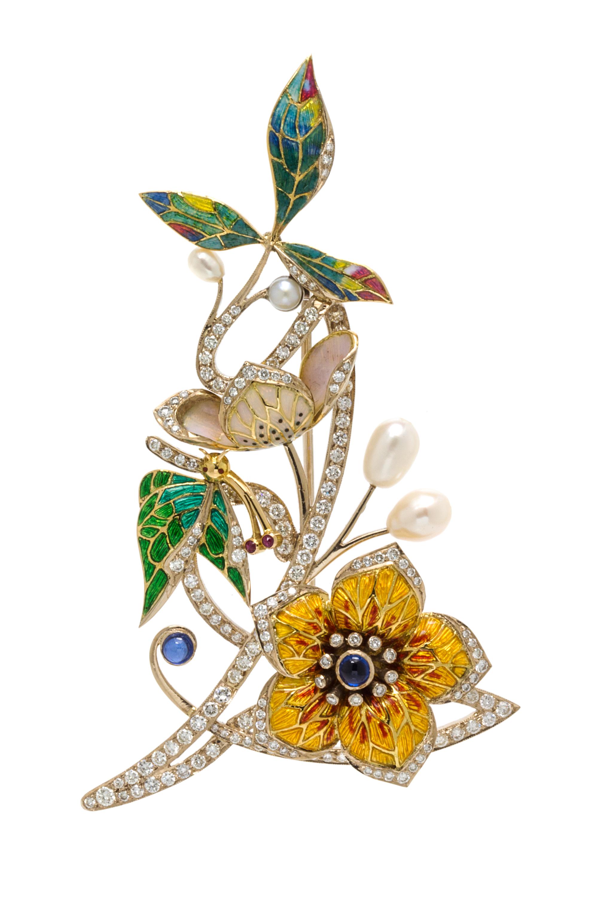 A Yellow Gold, Diamond, Sapphire, Cultured Pearl and Polychrome Enamel Brooch, 23.90 dwts.