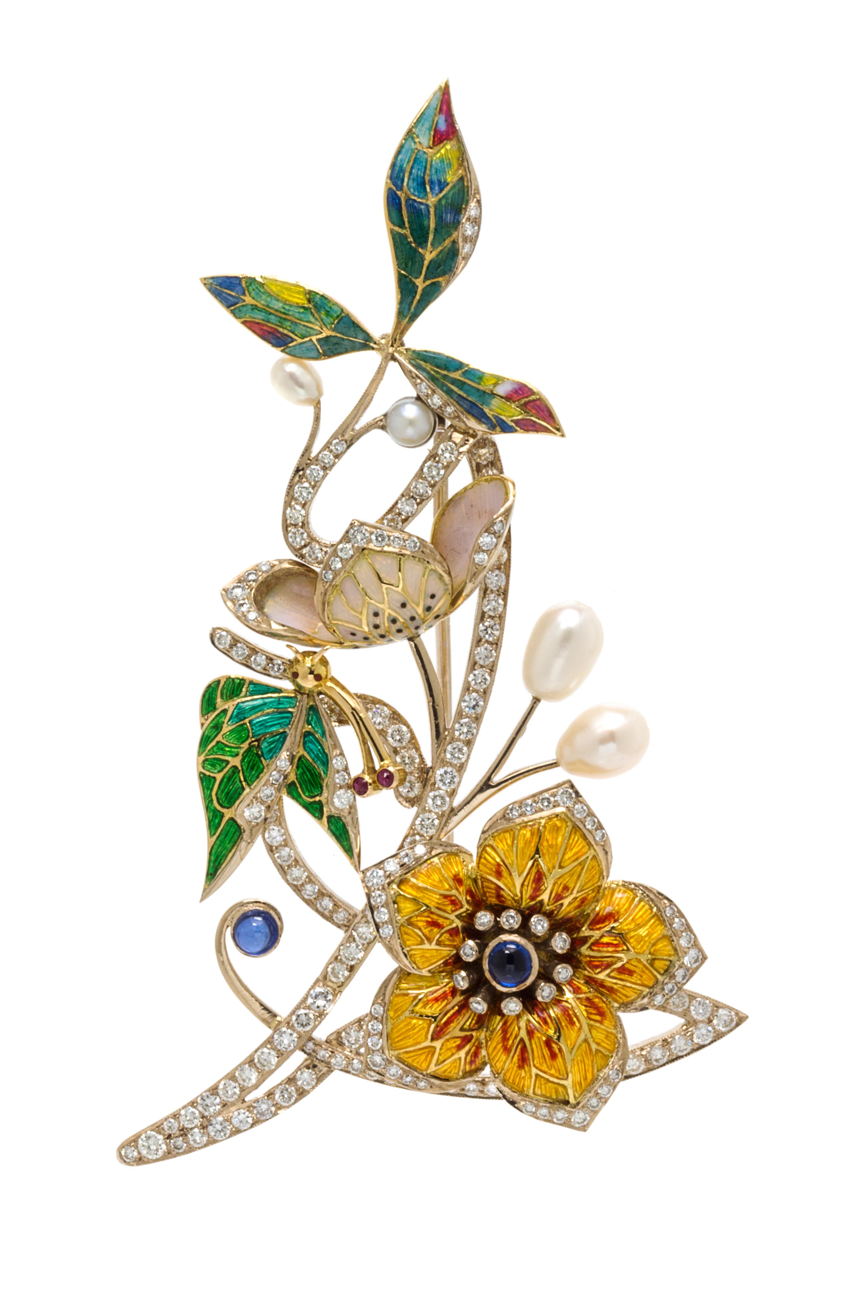 A Yellow Gold, Diamond, Sapphire, Cultured Pearl and Polychrome Enamel Brooch, 23.90 dwts.