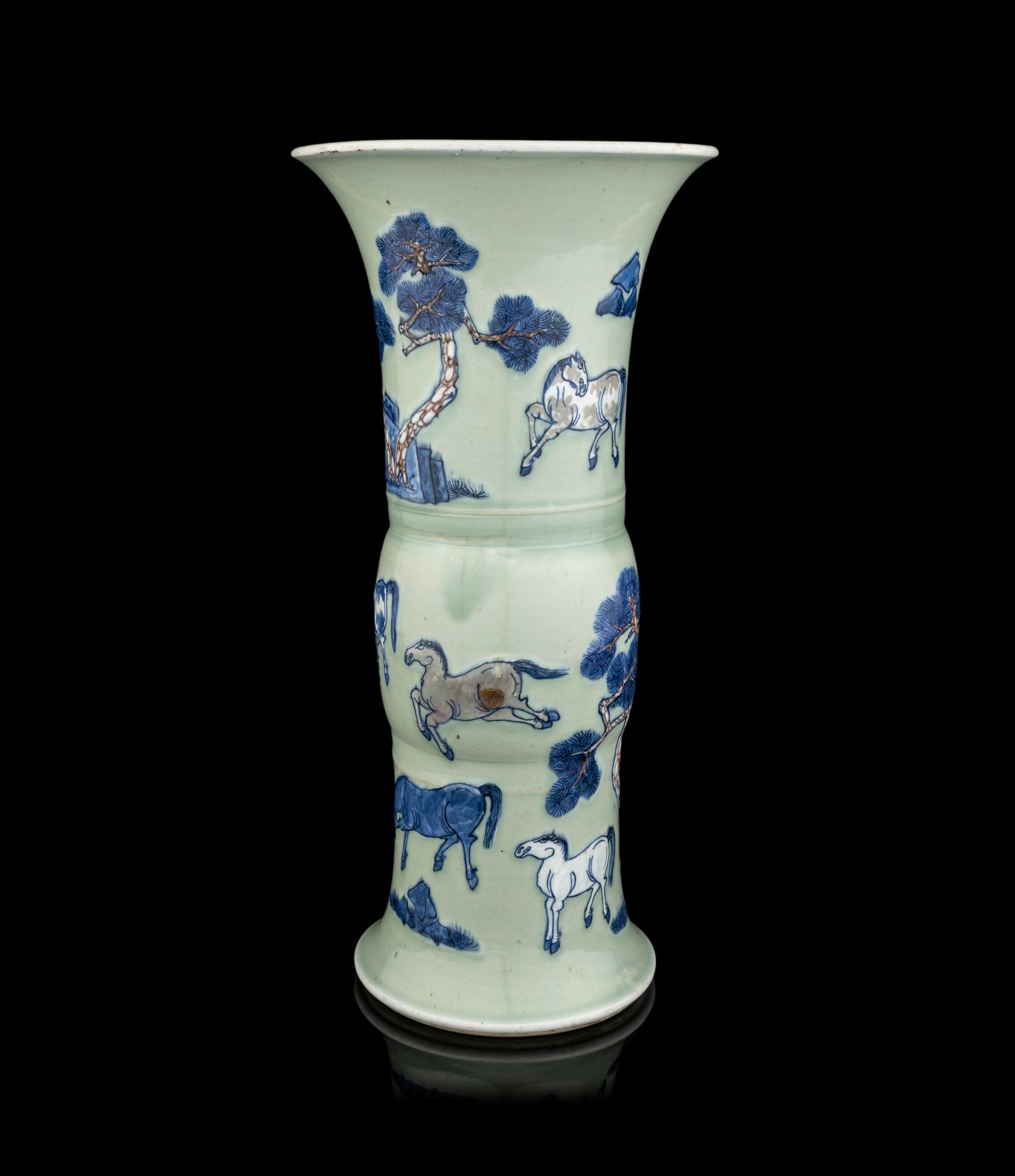 A Chinese Celadon Ground Underglaze Blue and Copper Red Porcelain Gu Vase