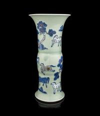 A Chinese Celadon Ground Underglaze Blue and Copper Red Porcelain Gu Vase