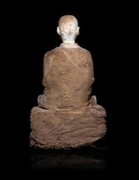 A Chinese Polychrome Painted Wood Figure of a Luohan