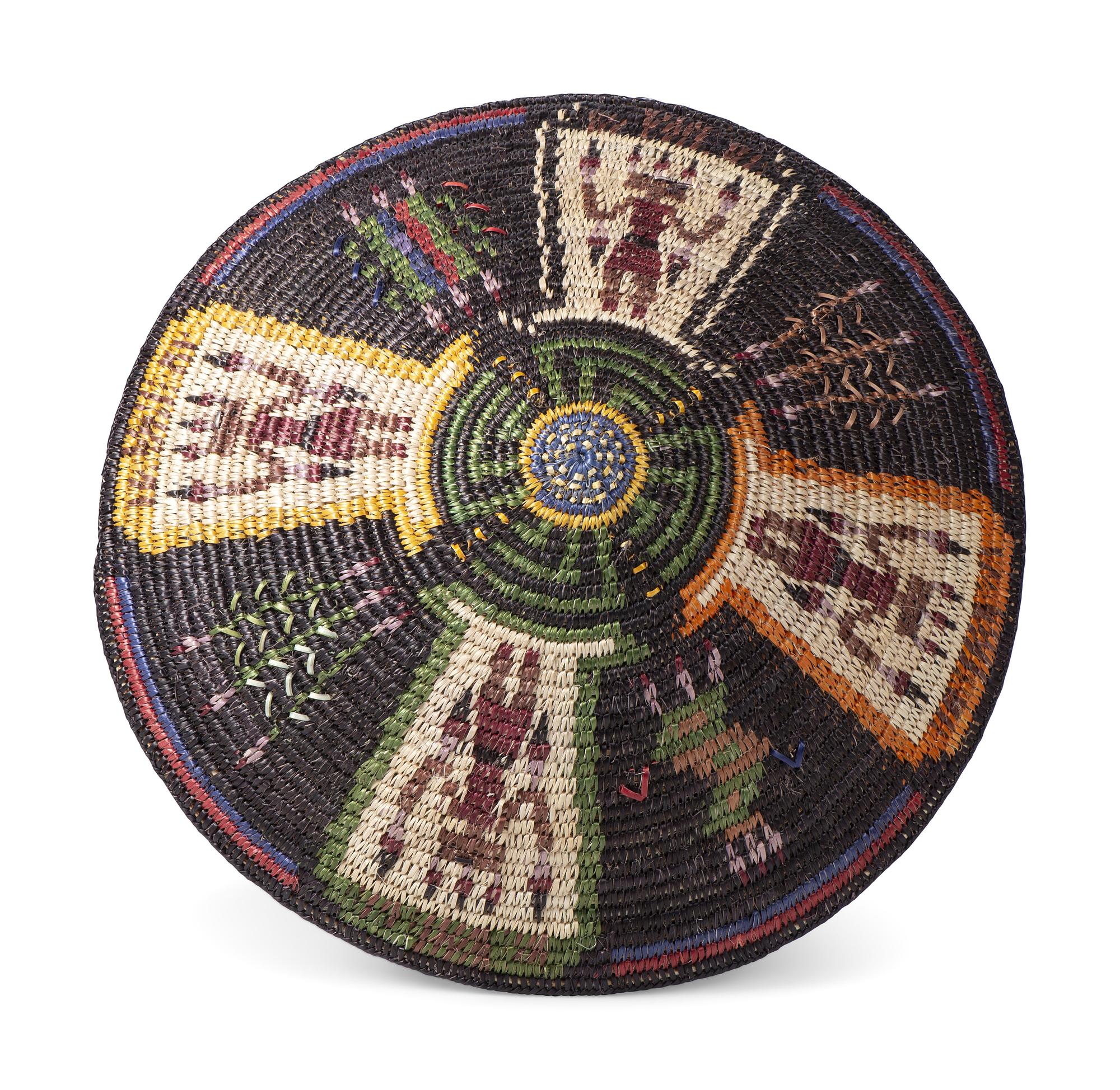 Polychrome Basketry Tray, With Four Figures and Corn Stalks