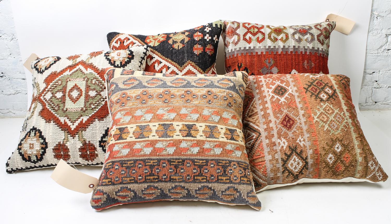 Five Kilim Upholstered Pillows 17 x 17 inches. — 20TH CENTURY