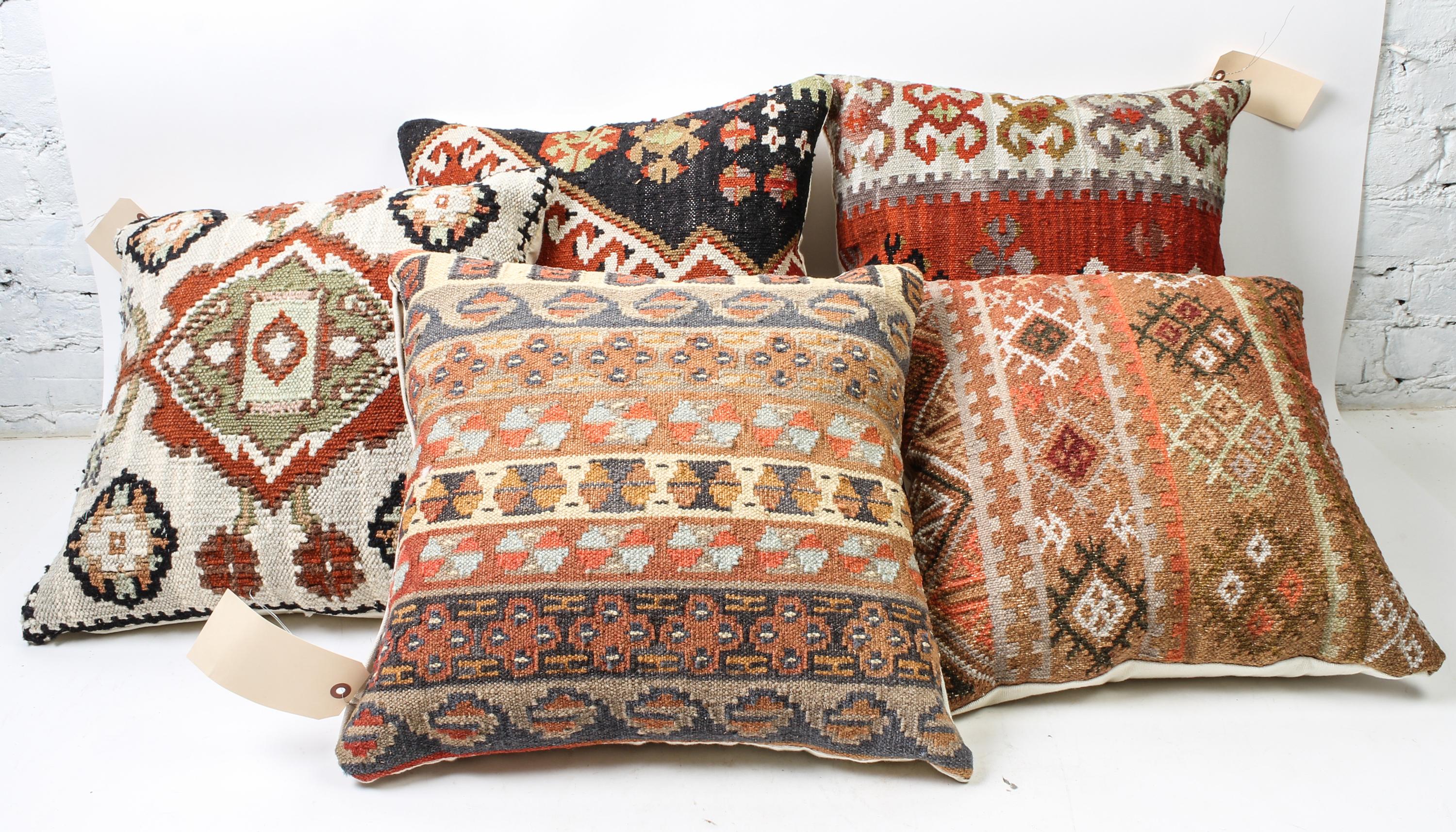 Five Kilim Upholstered Pillows 17 x 17 inches. — 20TH CENTURY