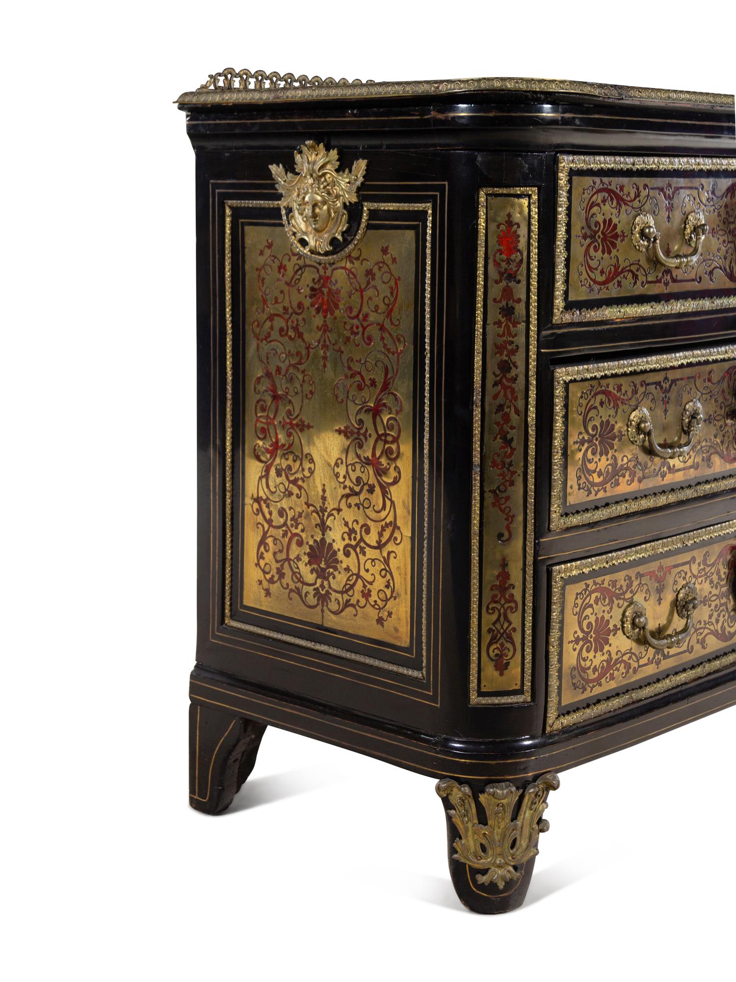 A Louis XIV Gilt Bronze Mounted Tortoise Shell and Brass Marquetry Commode in the Manner of André-Charles Boulle
