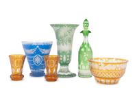 Six Bohemian Colored Cut-to-Clear Glass Articles