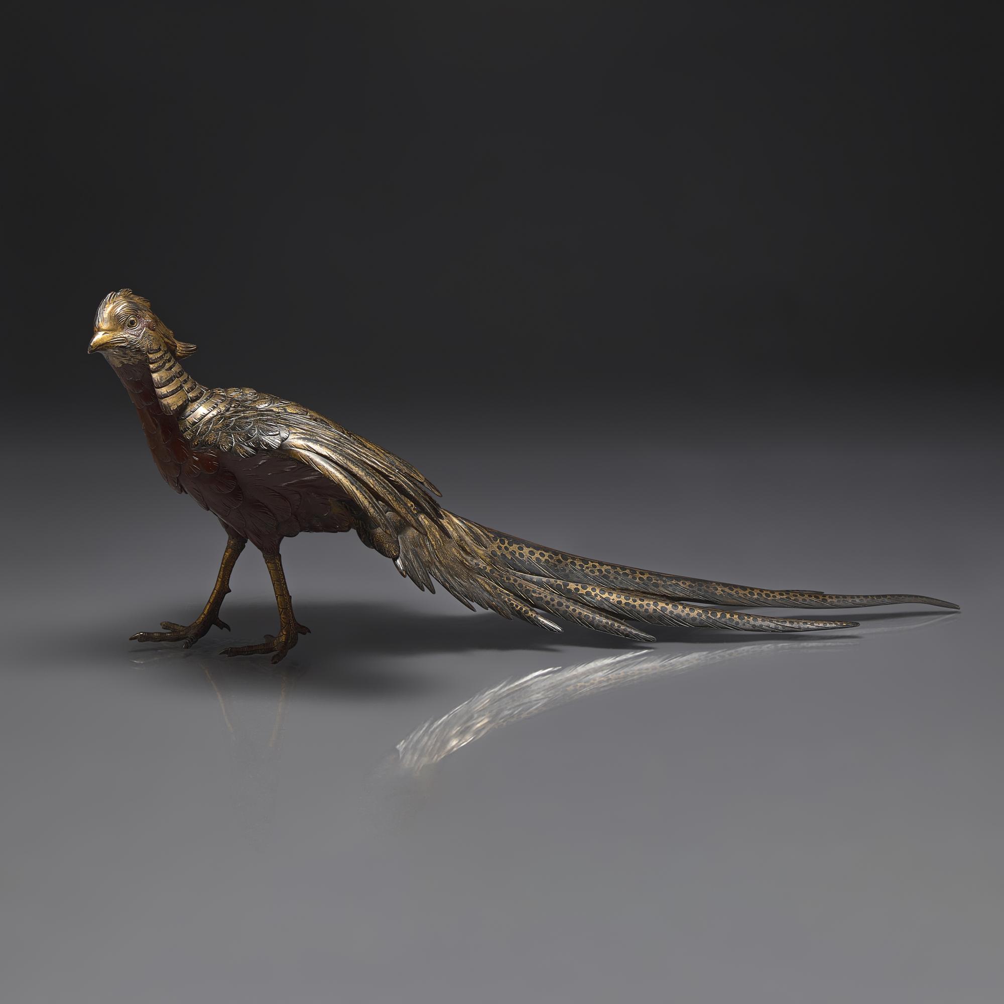 A Japanese Parcel-Gilt and Patinated Bronze Figure of a Pheasant, Masatsune, Meiji Period — 日本明治時期 ”政常鑄“銅雉鷄