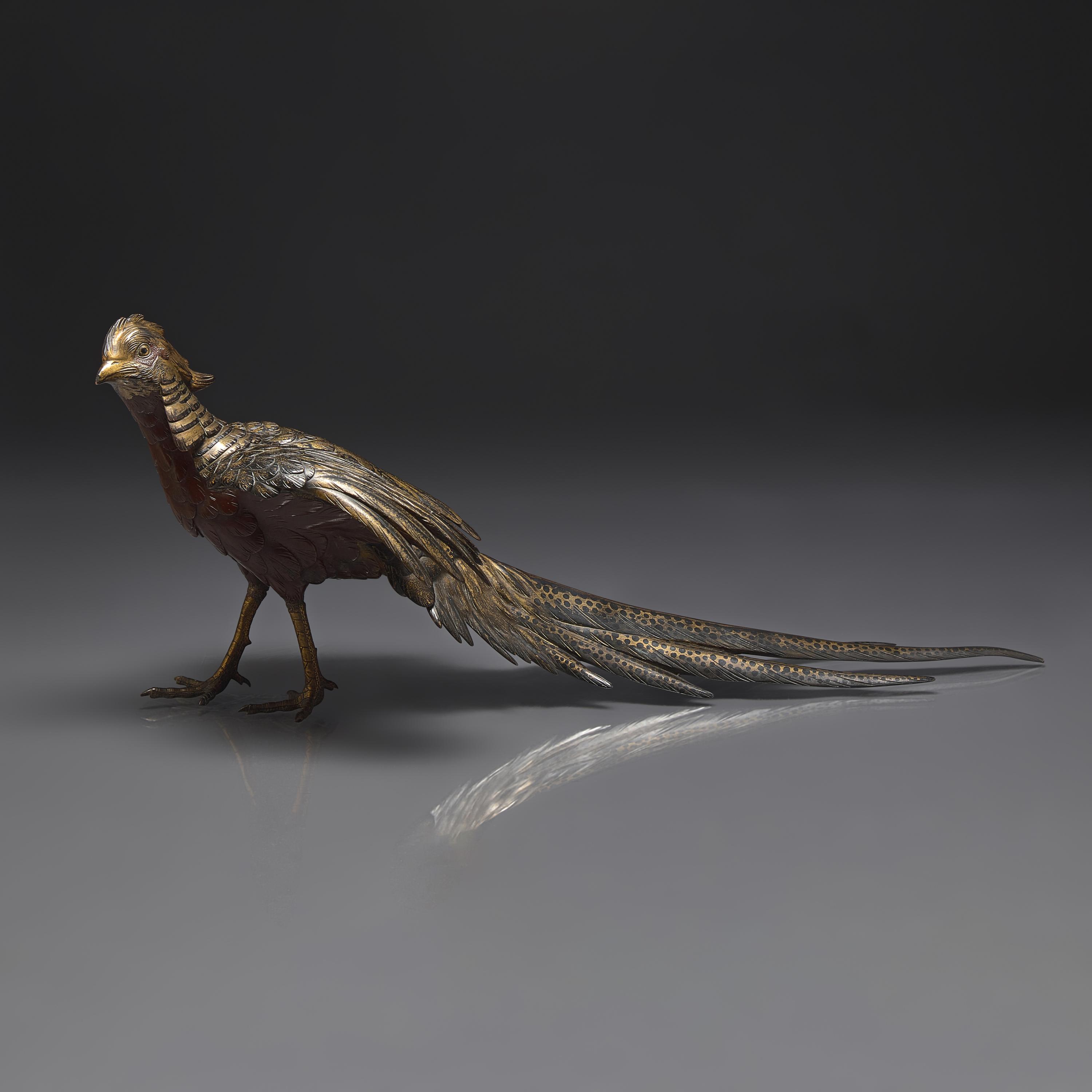 A Japanese Parcel-Gilt and Patinated Bronze Figure of a Pheasant, Masatsune, Meiji Period — 日本明治時期 ”政常鑄“銅雉鷄