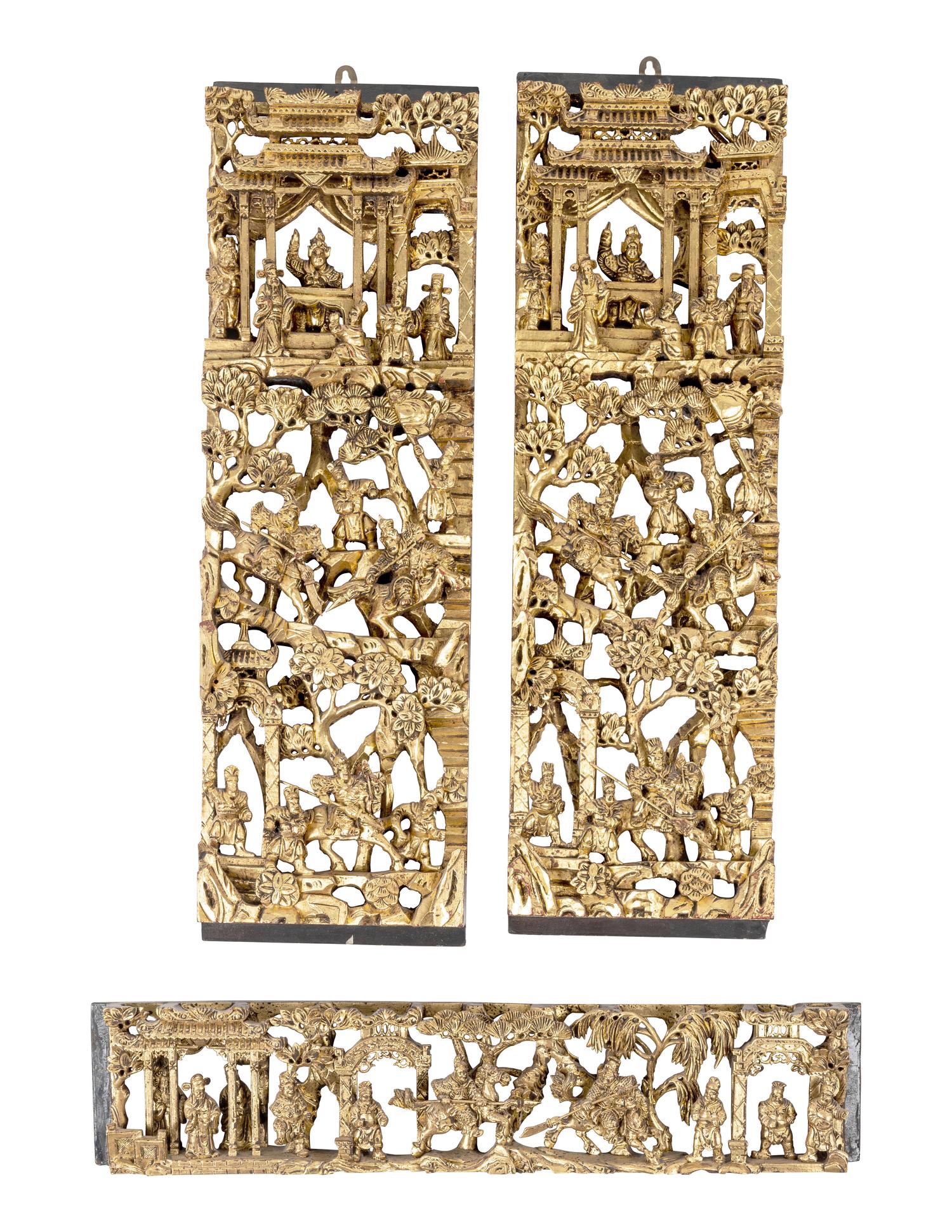 Three Chinese Reticulated Gilt Wood Panels
