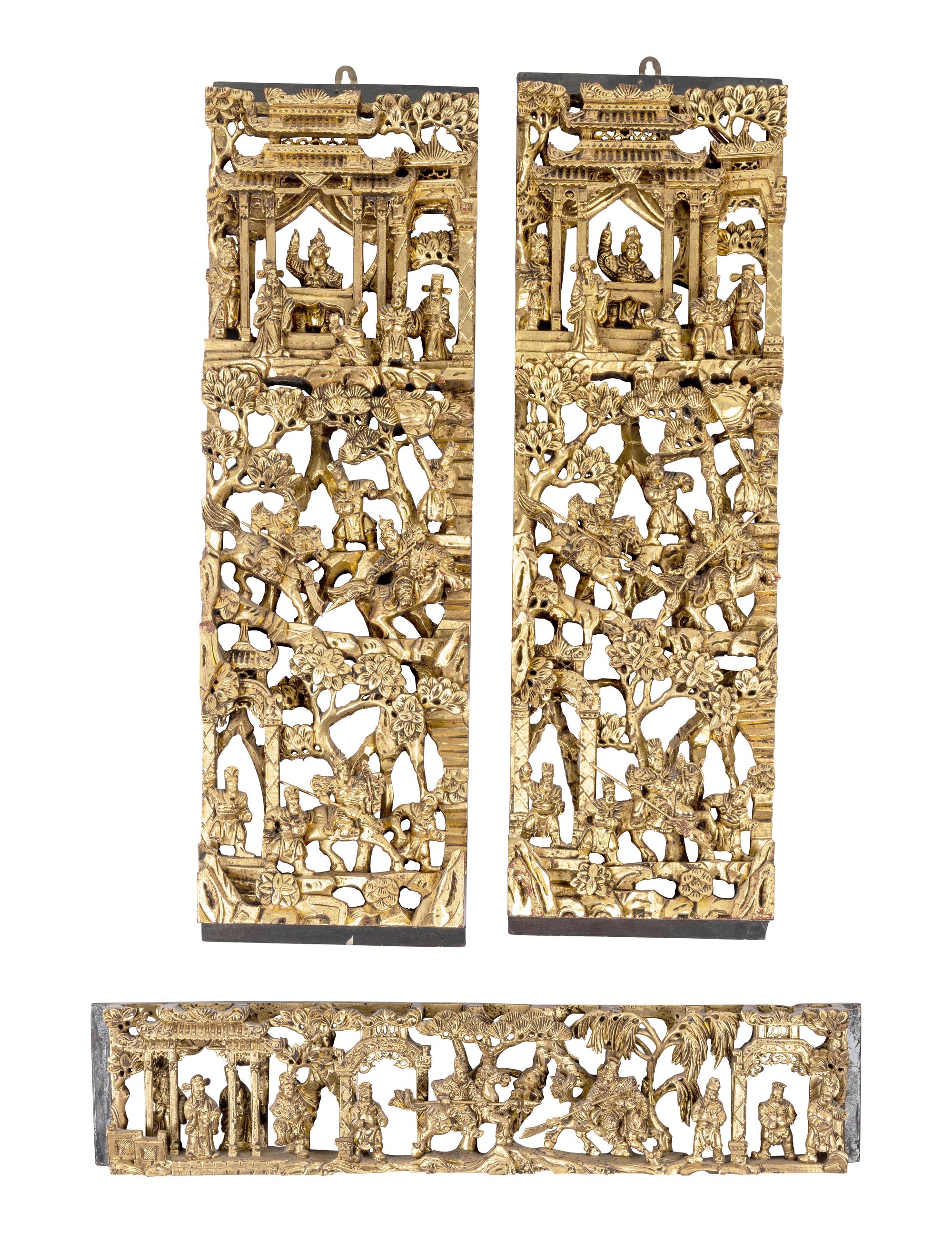 Three Chinese Reticulated Gilt Wood Panels