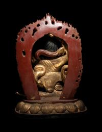 A Large Sino-Tibetan Gilt and Polychrome Lacquered Carved Wood Figure of a Dharmapala