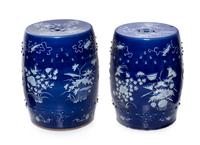 A Pair of Chinese Blue and White Porcelain Garden Stools Height 18 1/4 inches. — 20TH CENTURY