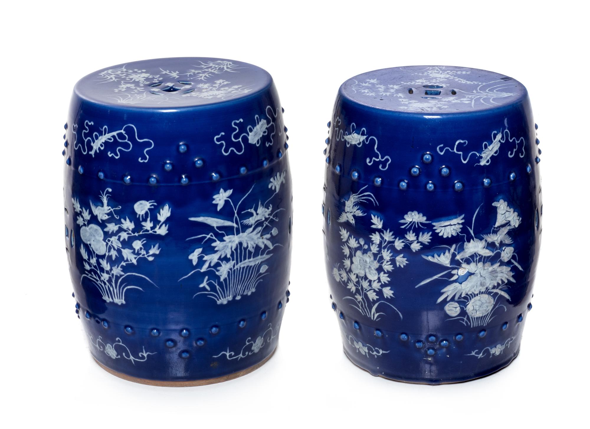 A Pair of Chinese Blue and White Porcelain Garden Stools Height 18 1/4 inches. — 20TH CENTURY
