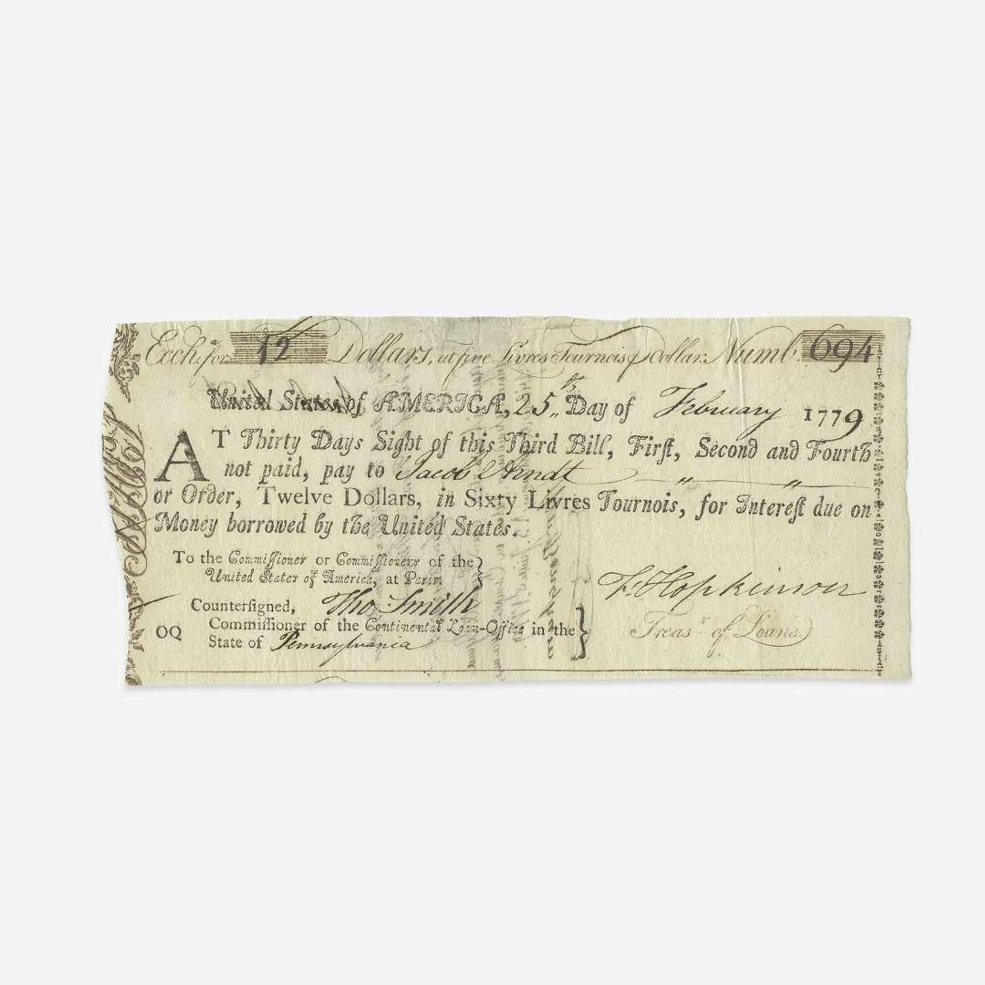 [American Revolution] Hopkinson, Francis Group of 3 Signed Financial Documents