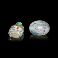 Two Chinese Inside Painted Snuff Bottles, Early 20th Century 葉仲三壬戌年（1922）作玻璃內畫八仙圖鼻煙壺及葉菶祺作瑪瑙內畫山水圖鼻煙壺