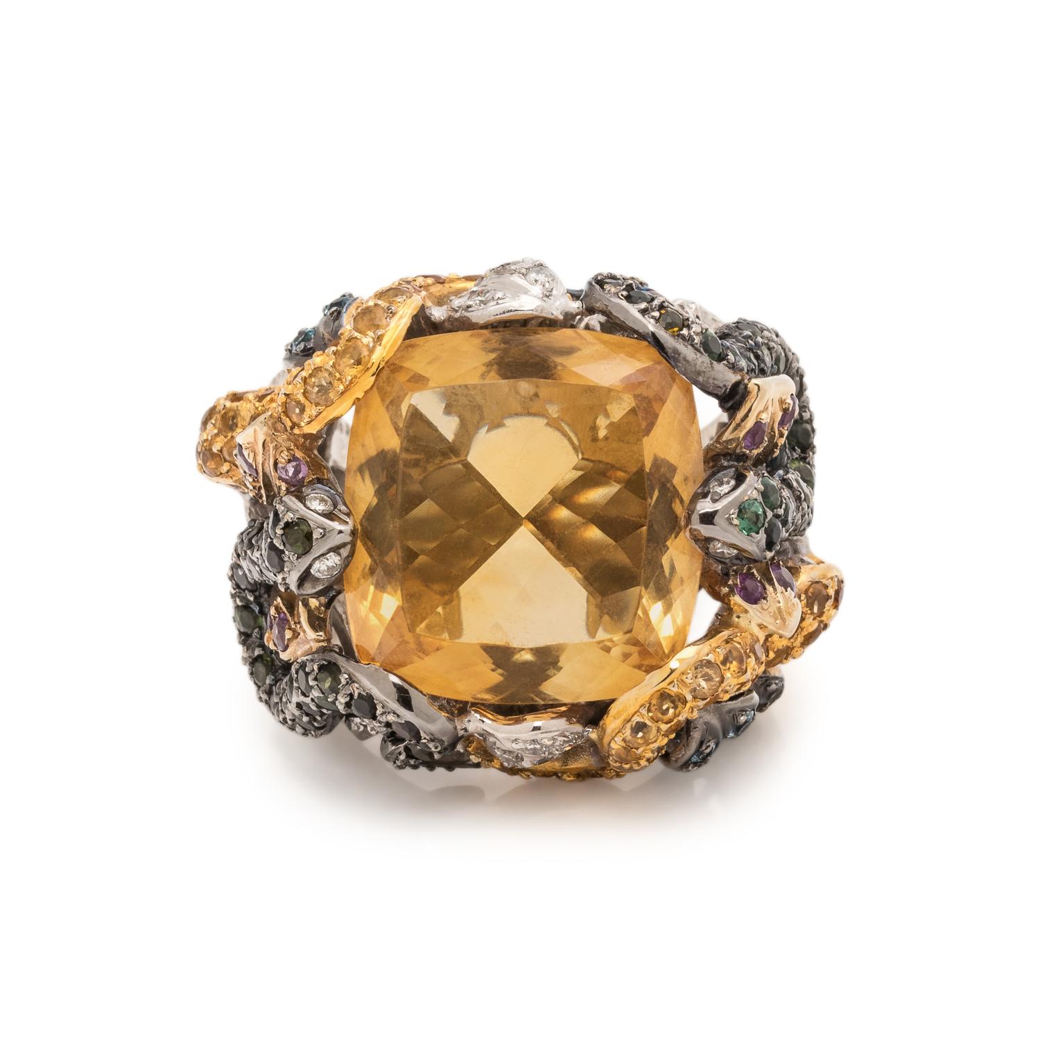 CITRINE, GEMSTONE AND DIAMOND RING