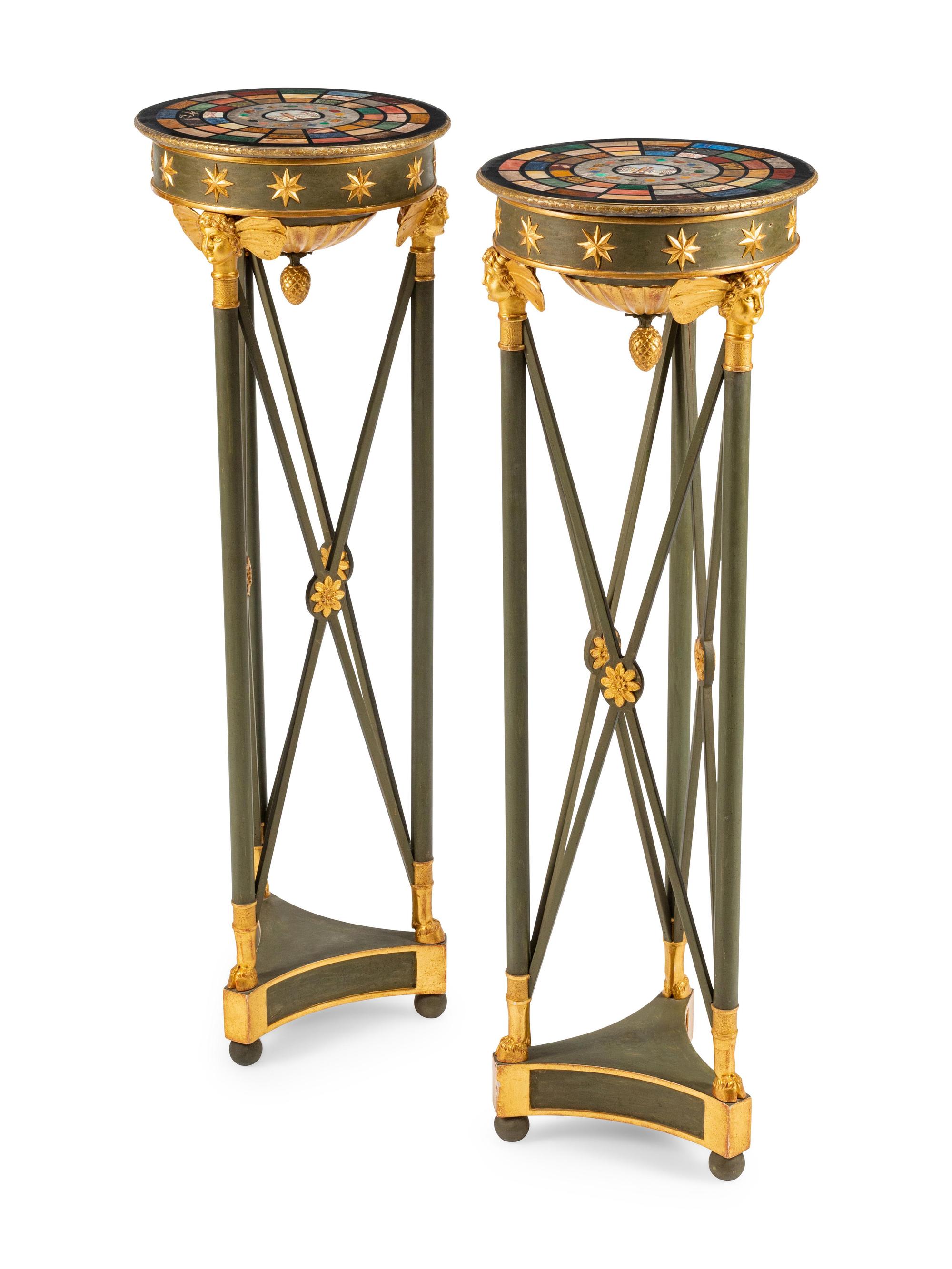A Pair of Neoclassical Style Painted and Parcel Gilt Pedestals with Specimen Marble and Micromosaic Tops