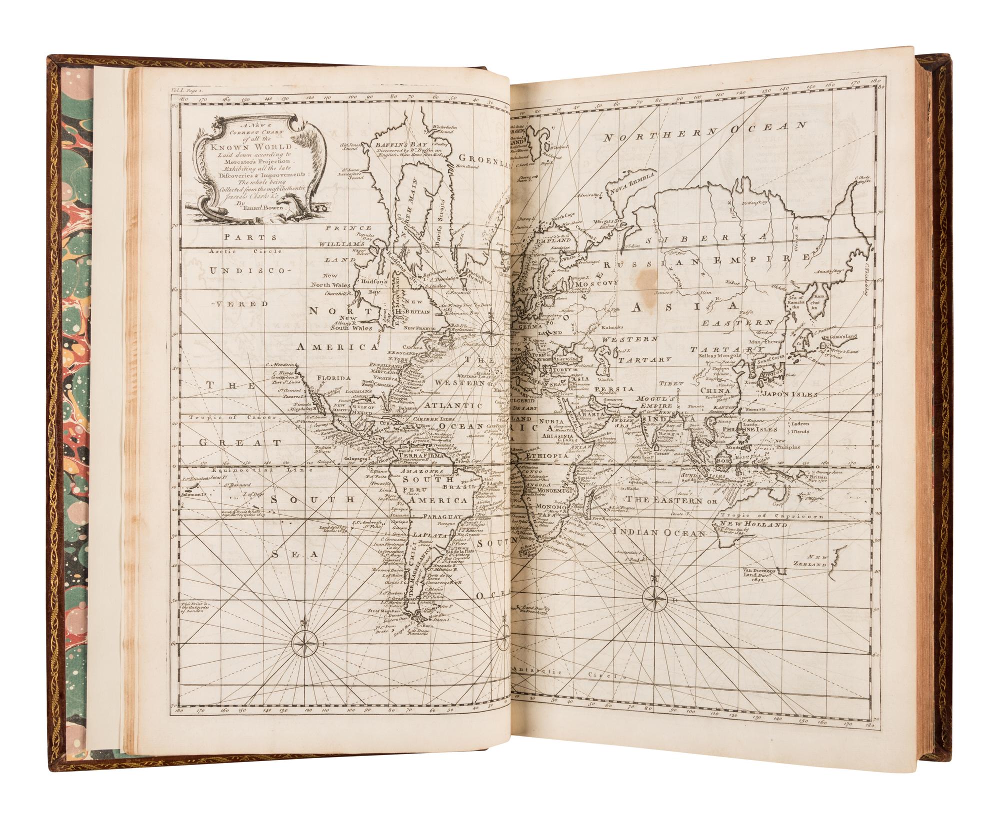 [TRAVEL & EXPLORATION]. -- HARRIS, John (1667?-1719). Navigantium atque Itinerantium Bibliotheca. Or, a Complete Collection of Voyages and Travels . London: Printed for T. Woodward, A. Ward, S. Birt, D. Browne, et al., 1744-1748.