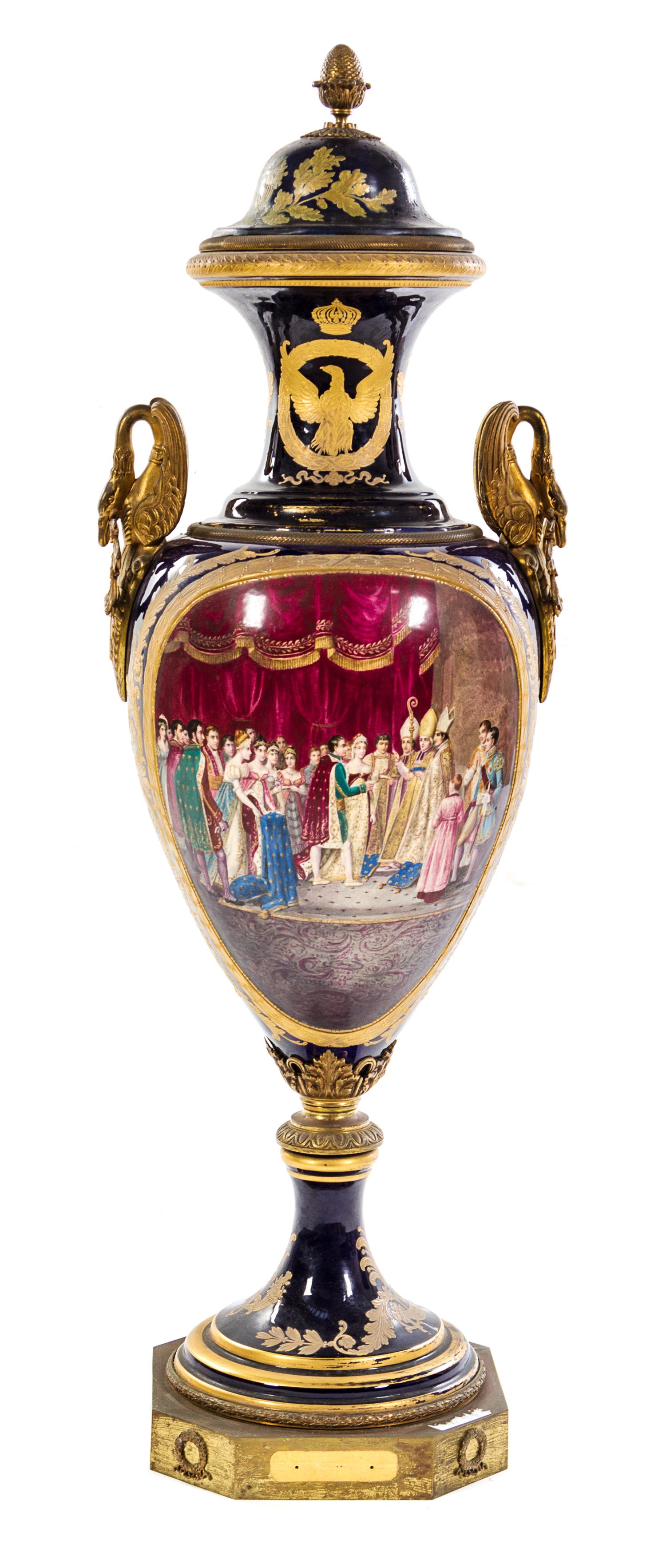 A Large Gilt Bronze Mounted Sevres Porcelain Urn and Cover Height overall 50 inches. — 19TH CENTURY