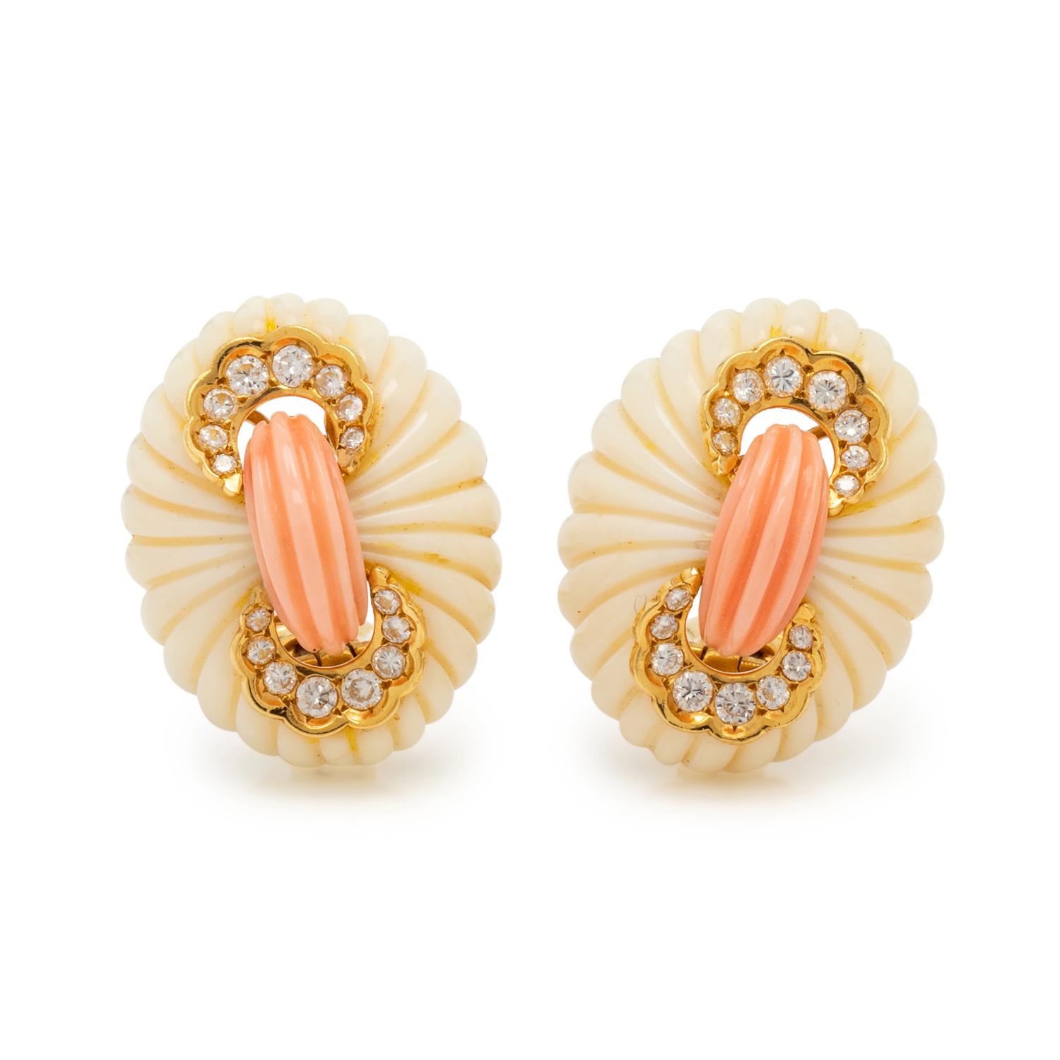 VAN CLEEF & ARPELS, CORAL AND DIAMOND 'DRAPÉ' BROOCH AND EARCLIPS