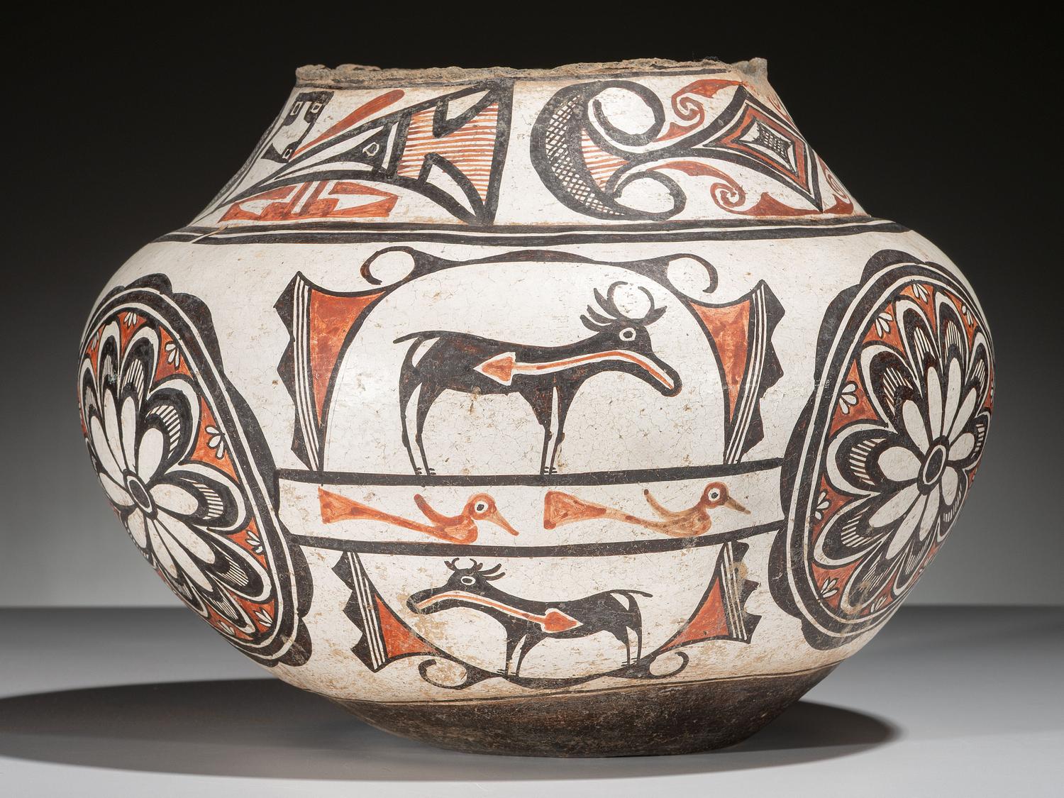 Zuni Polychrome Pottery Olla, with Heartline Deer