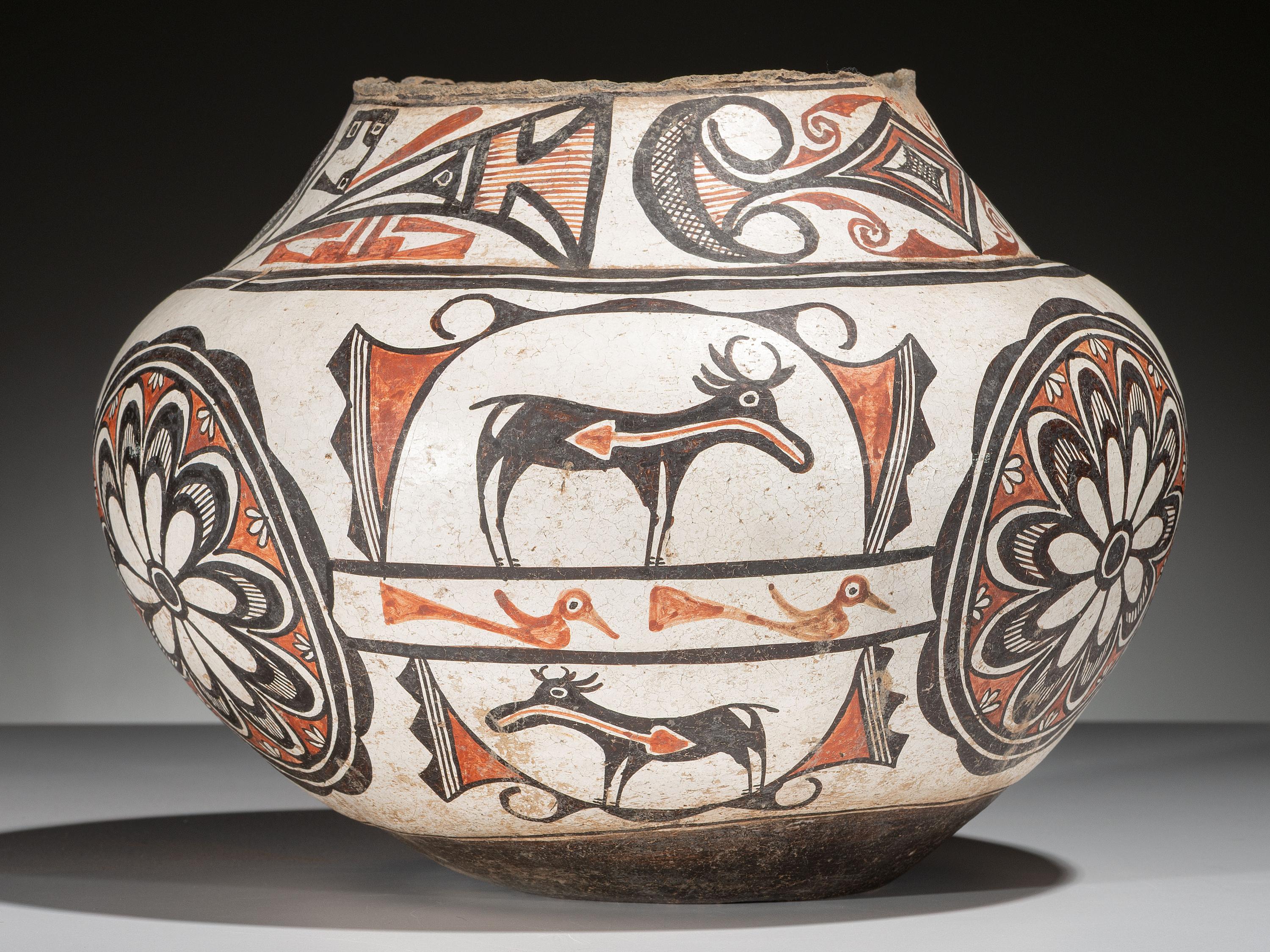 Zuni Polychrome Pottery Olla, with Heartline Deer
