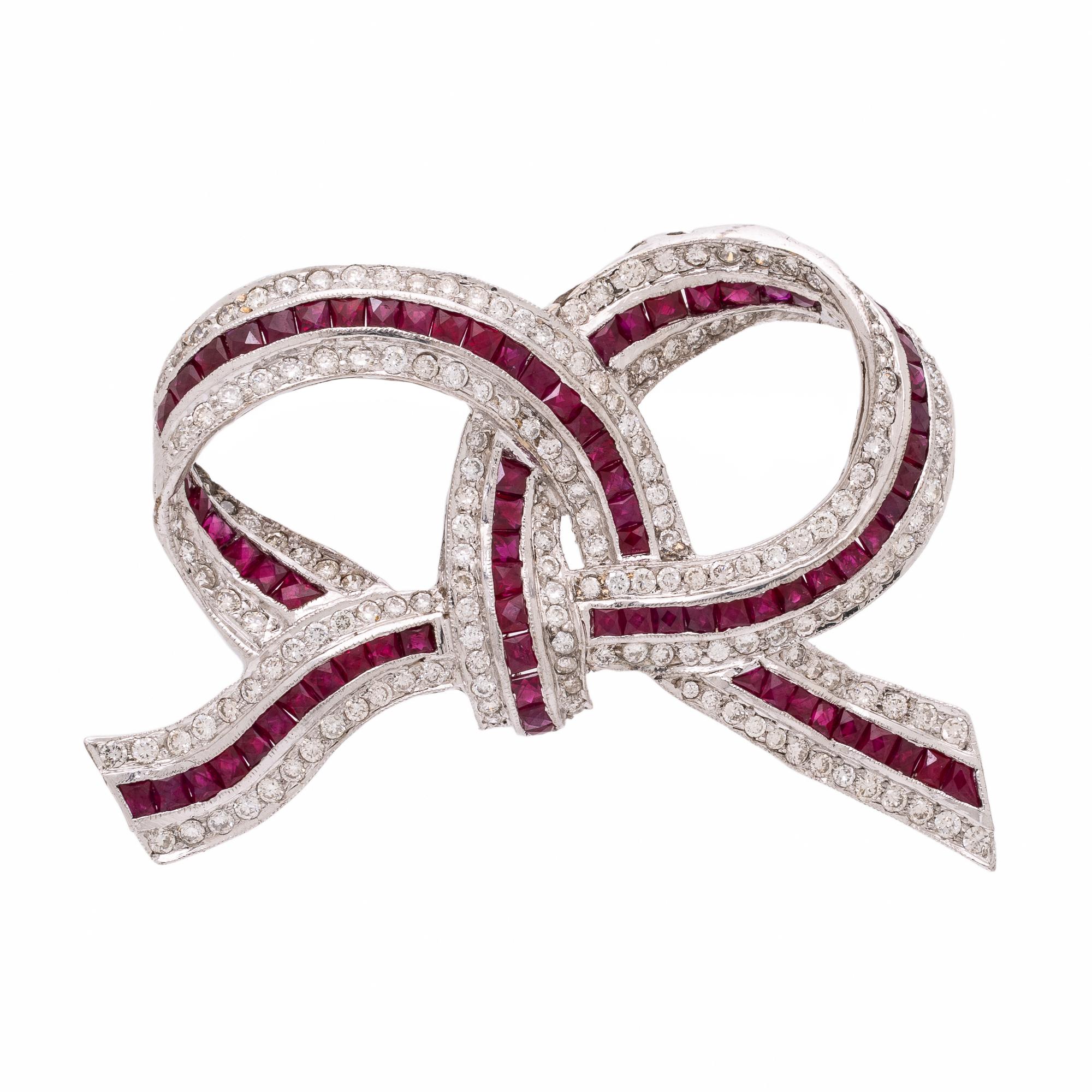 Ruby, Diamond, and White Gold Bow Brooch