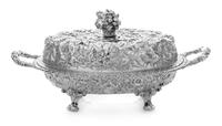 An American Coin Silver Covered Entree Dish, S. Kirk & Son, Baltimore, MD, of handled oval form, having allover floral decoration, with