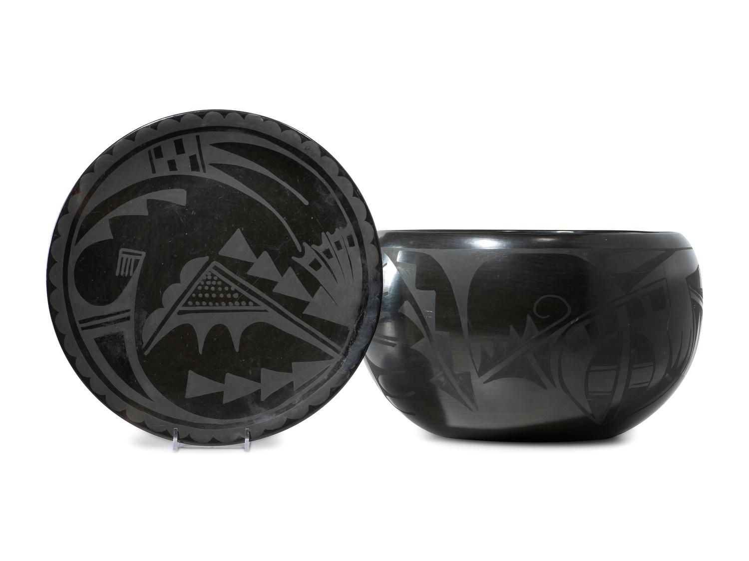 Blackware Pottery Bowl and Charger