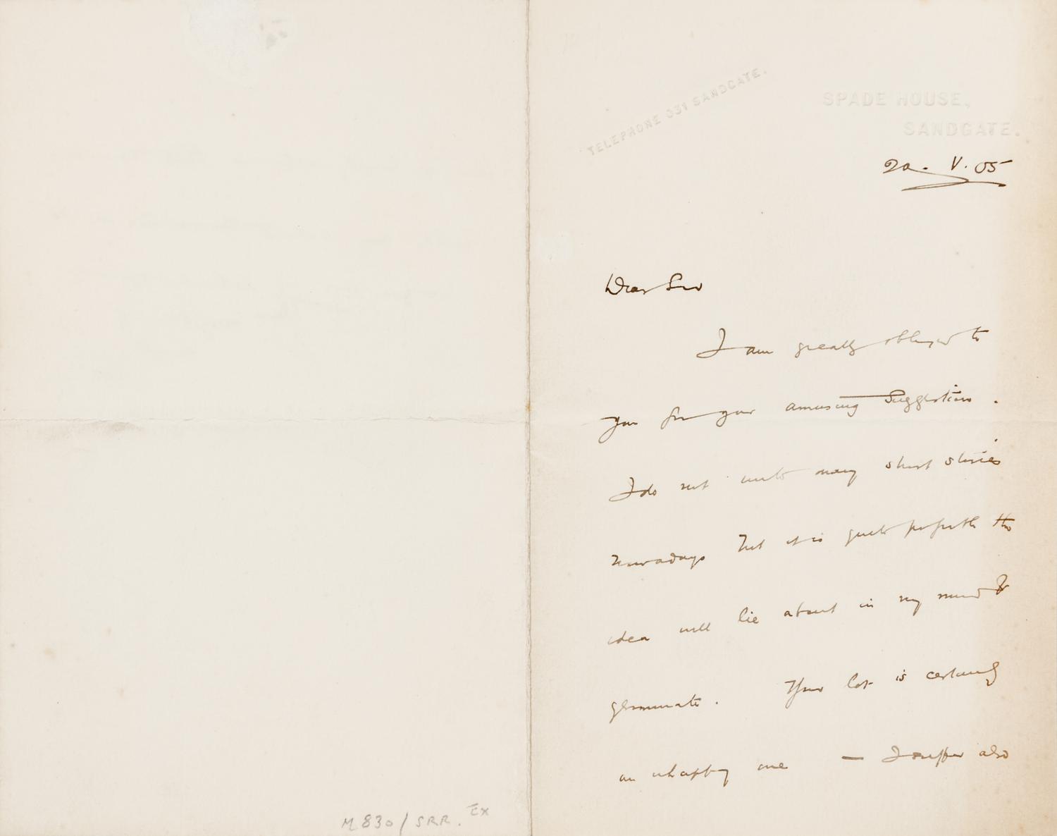 WELLS, Herbert George. Autographed letter signed ("H.G. Wells"), to an unnamed correspondent, Spade House, Sandgate, 20 May 1905.