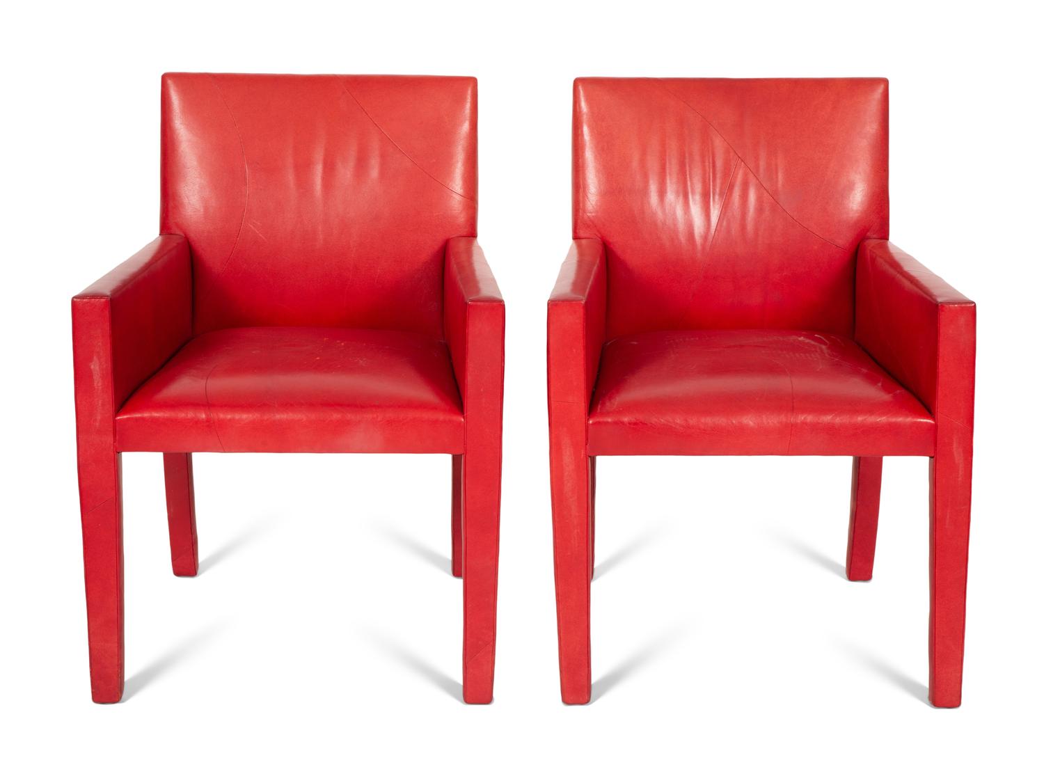 A Set of Four Contemporary Red Leatherette Upholstered Arm Chairs