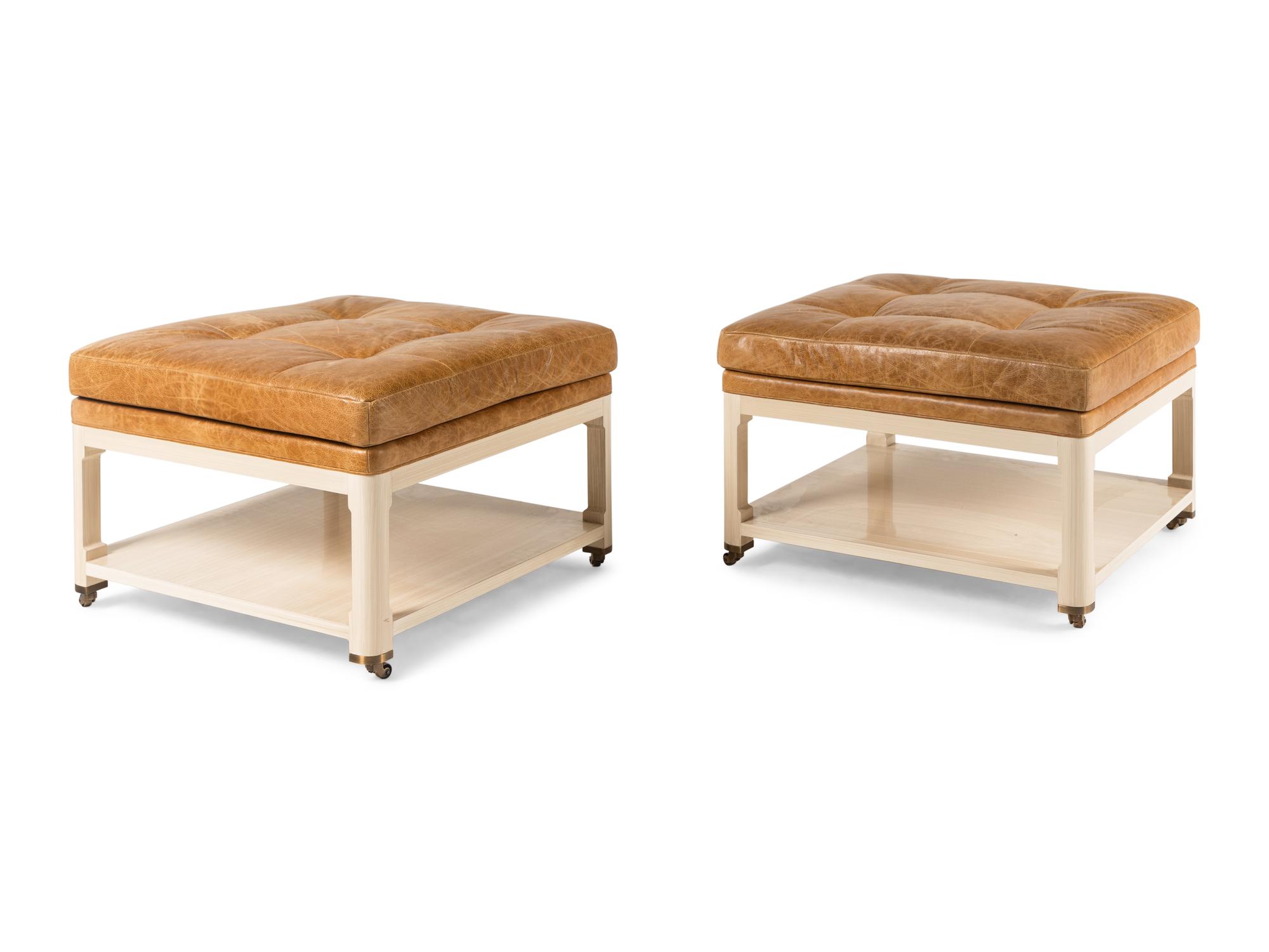 A Pair of Custom Leather-Upholstered Ottoman Tables Supplied by Jonas, New York
