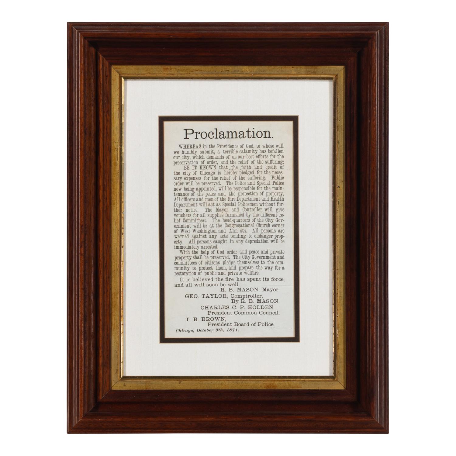 [Chicago Fire]. Proclamation. Chicago, IL: R.B. Mason, Mayor, 9 October 1871.