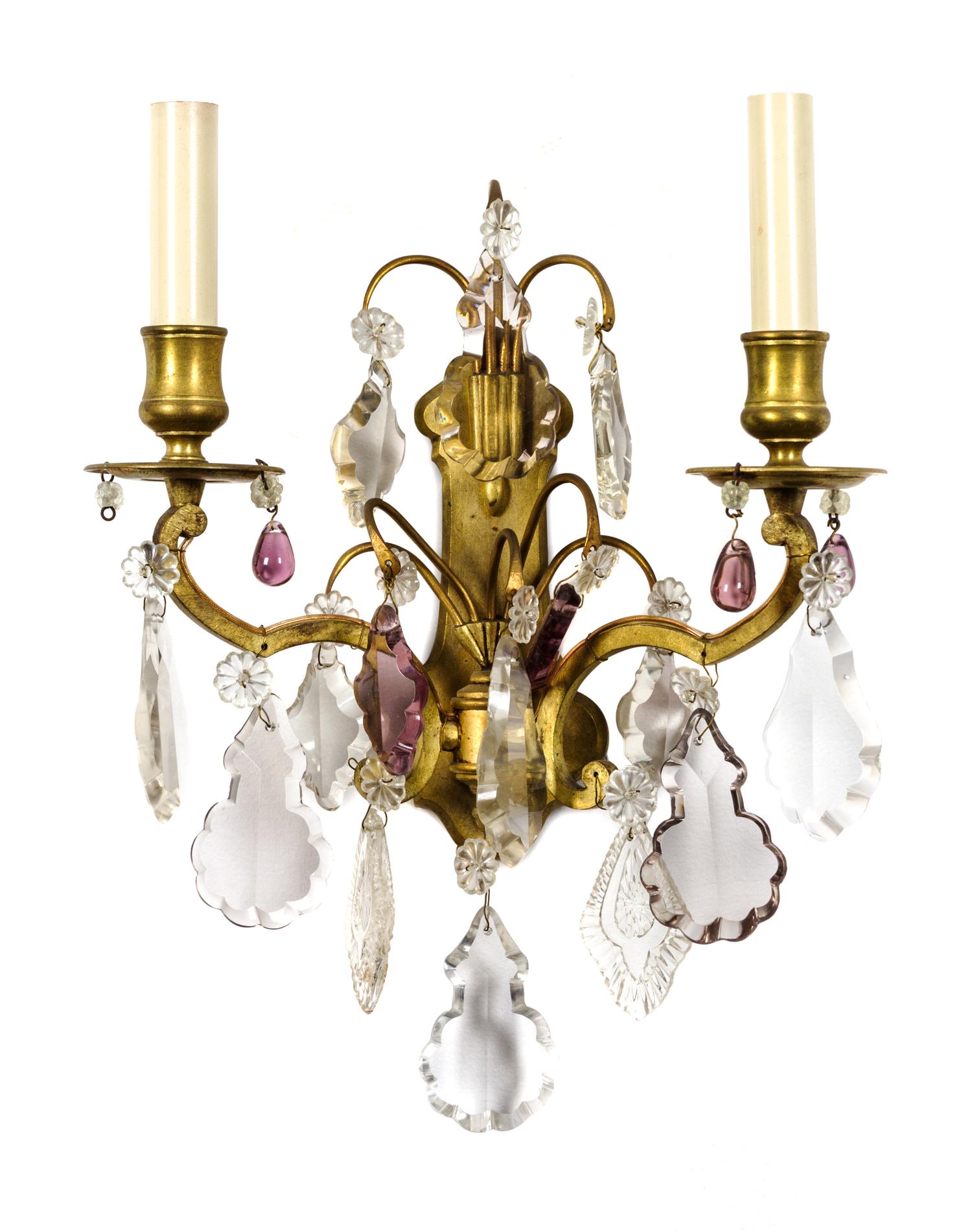 Four French Gilt Bronze and Crystal Wall Sconces Height 9 inches x width 10 1/2 inches. — 20TH CENTURY