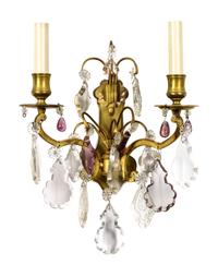 Four French Gilt Bronze and Crystal Wall Sconces Height 9 inches x width 10 1/2 inches. — 20TH CENTURY