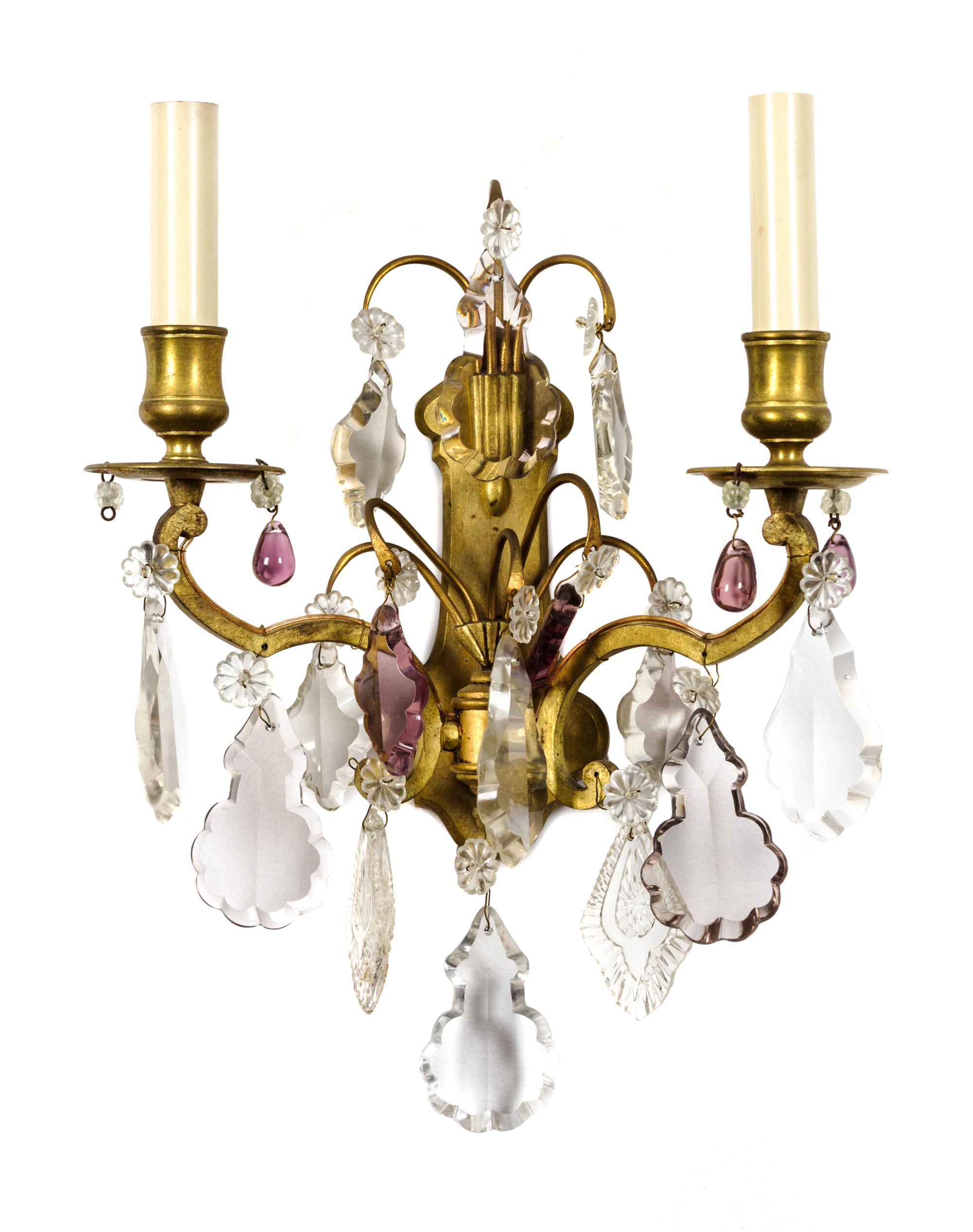 Four French Gilt Bronze and Crystal Wall Sconces Height 9 inches x width 10 1/2 inches. — 20TH CENTURY