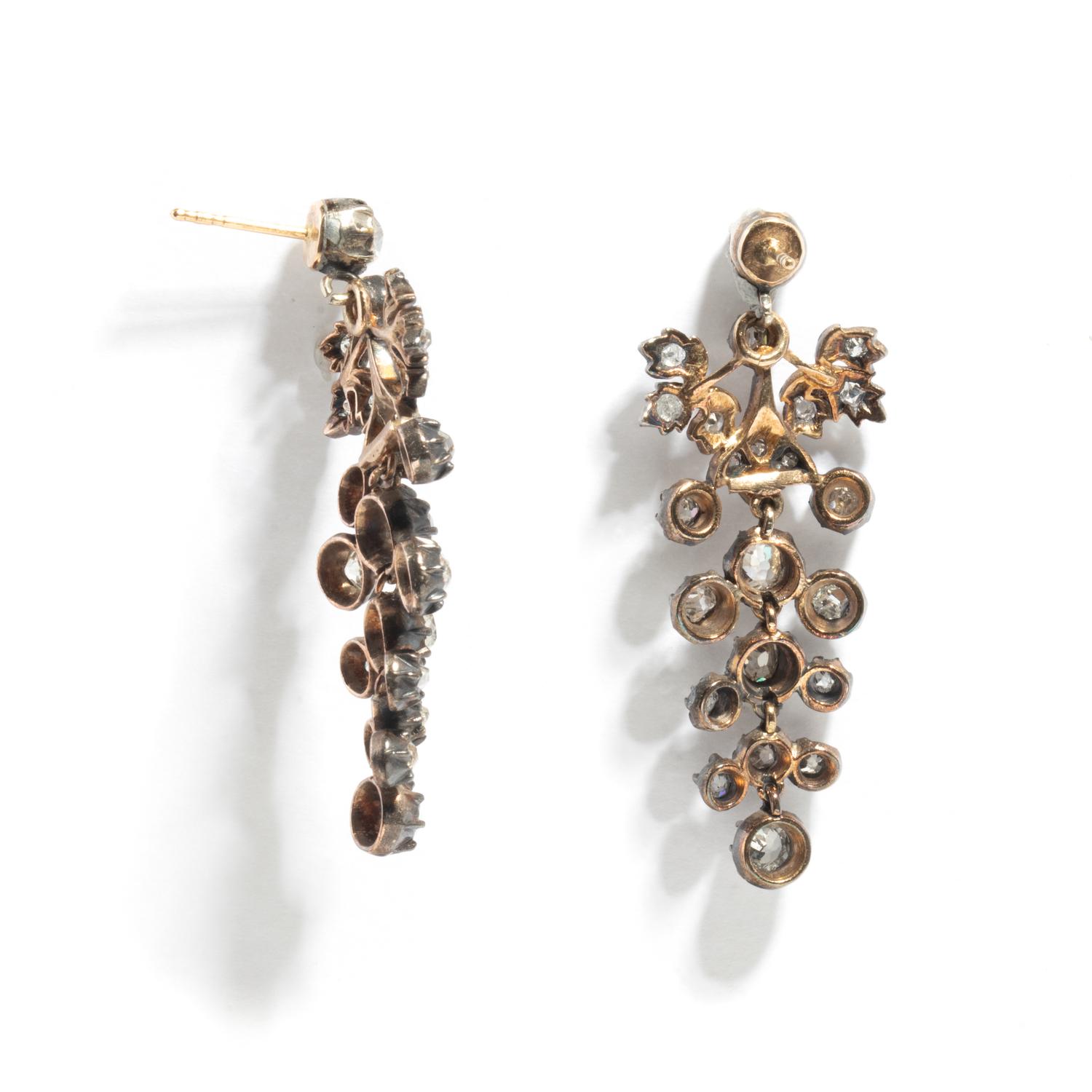ANTIQUE, DIAMOND AND SILVER-TOPPED GOLD GRAPEVINE EARRINGS