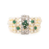 CULTURED PEARL, EMERALD, DIAMOND, AND PLATINUM BRACELET