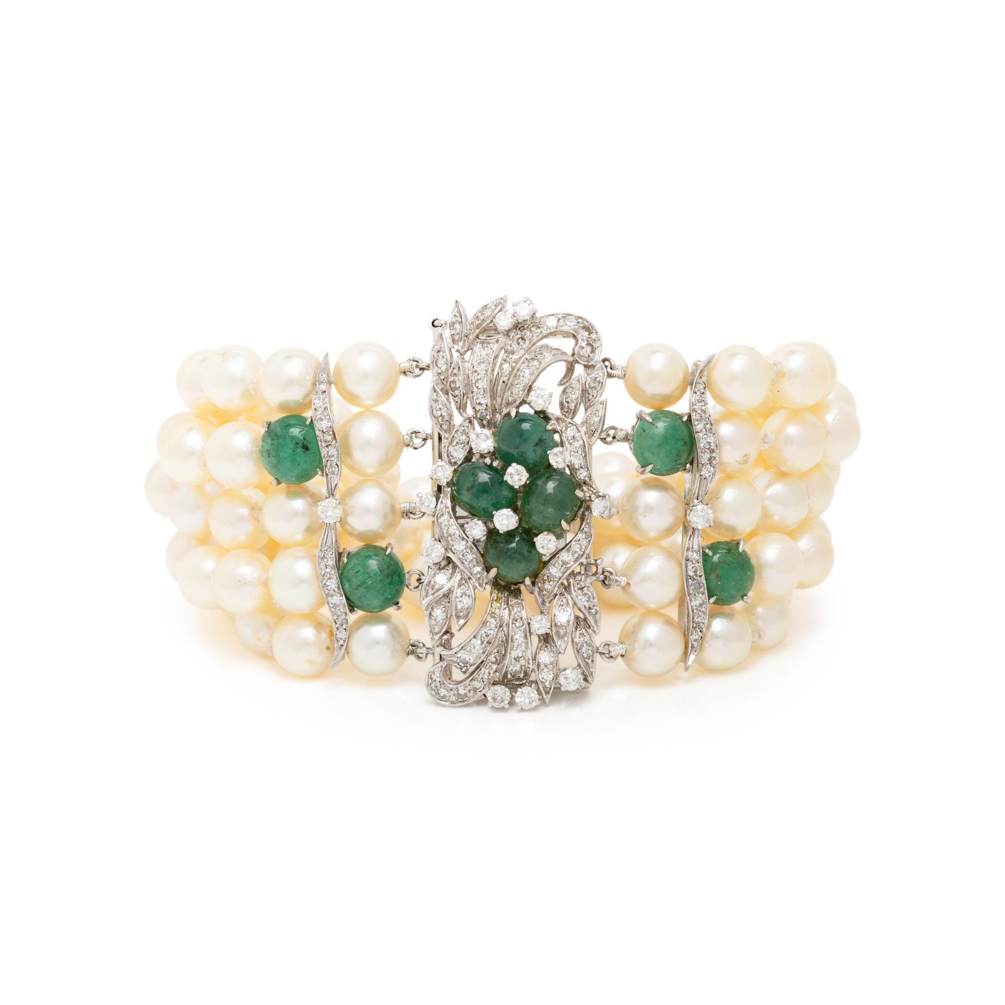 CULTURED PEARL, EMERALD, DIAMOND, AND PLATINUM BRACELET