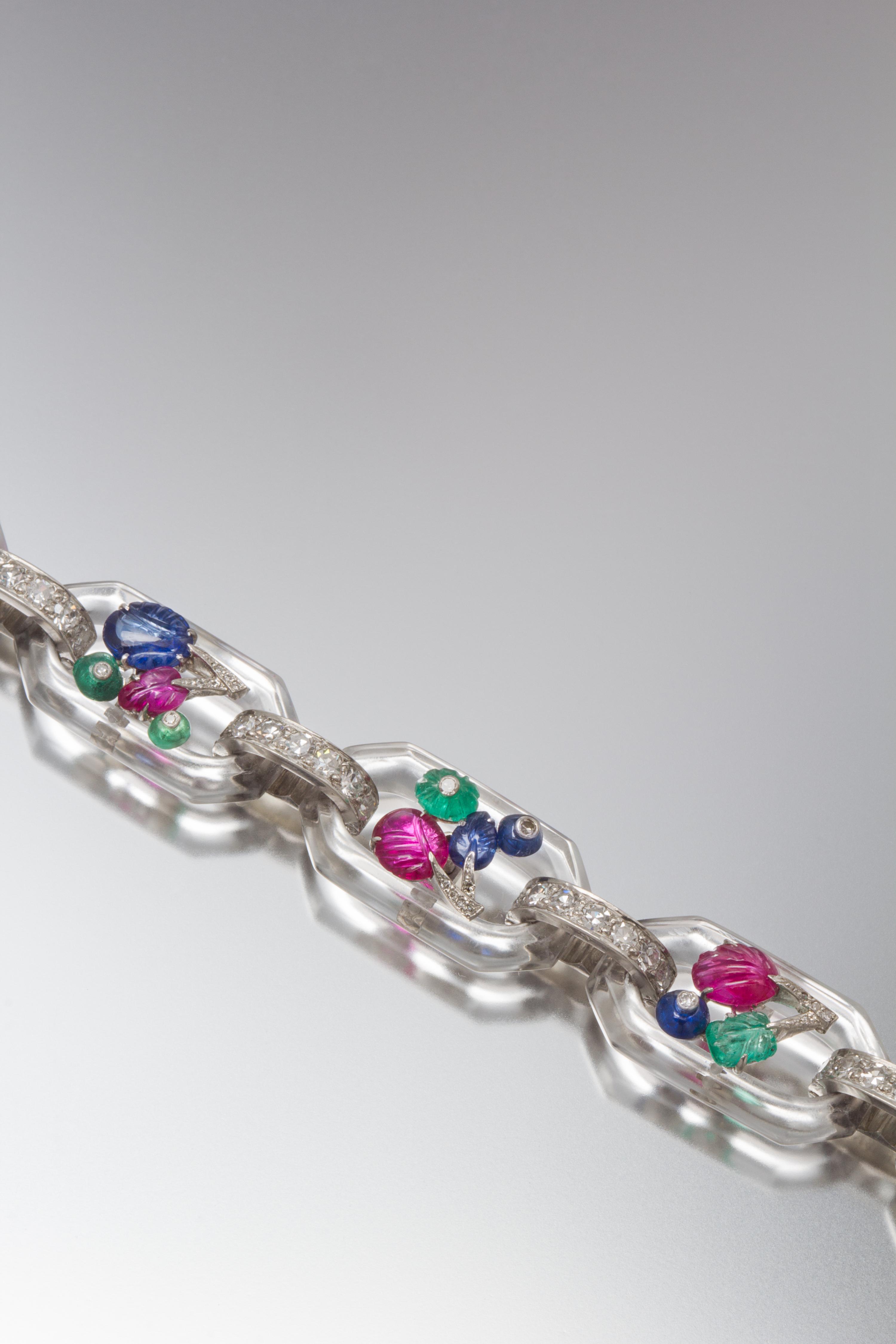 An Art Deco Platinum, Gold, Rock Crystal, Diamond and Multi Gem Tutti Frutti Bracelet, Cartier, 17.00 dwts.