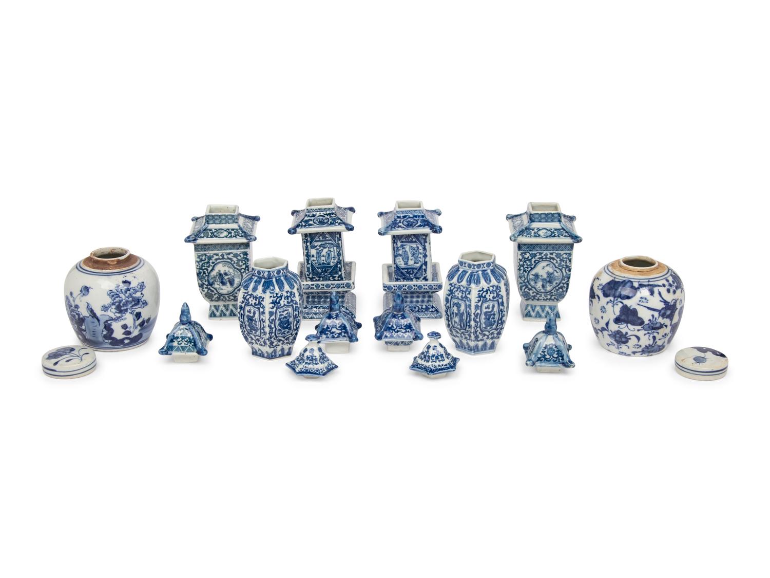 A Collection of Eight Blue and White Vessels