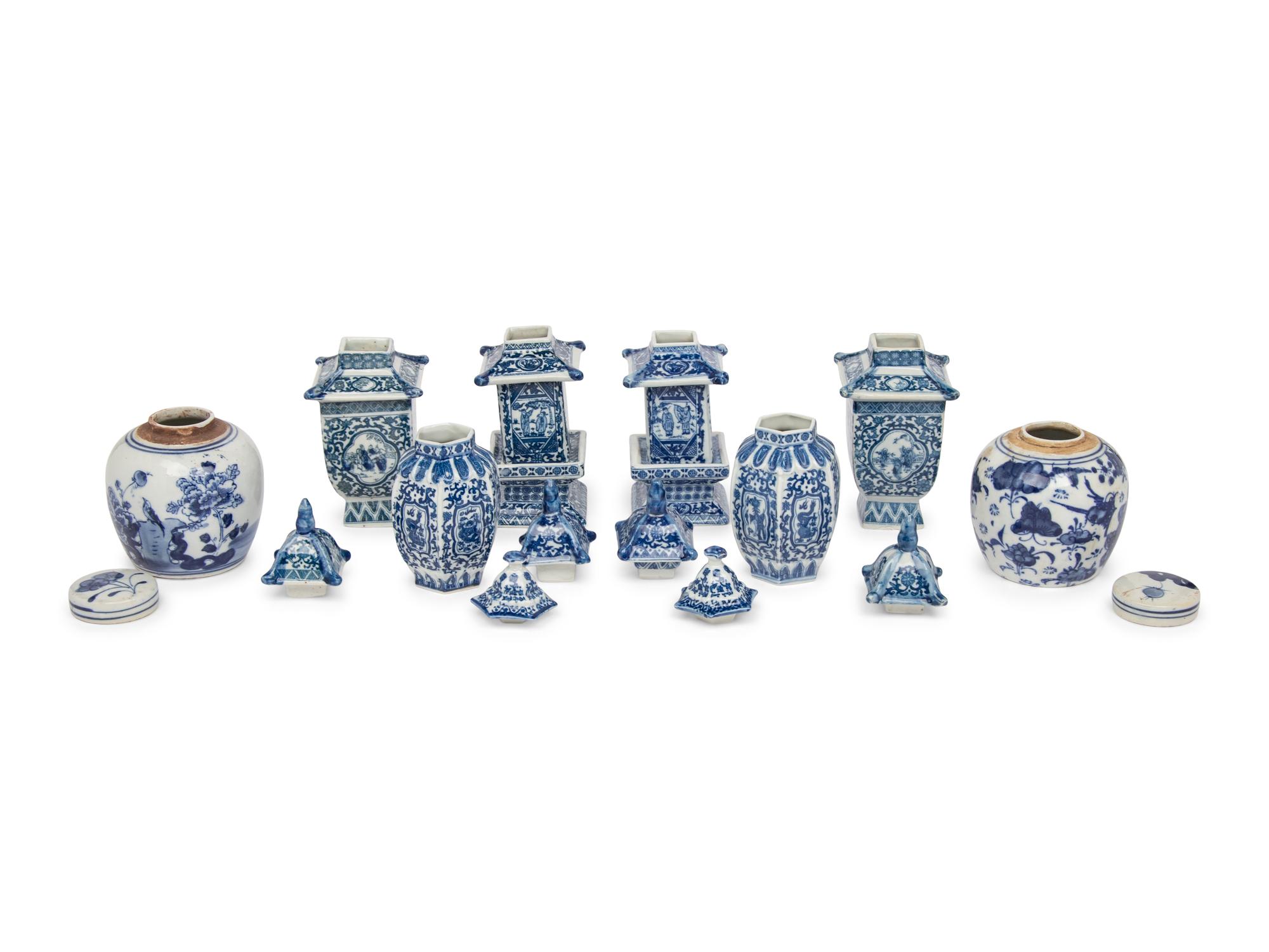 A Collection of Eight Blue and White Vessels