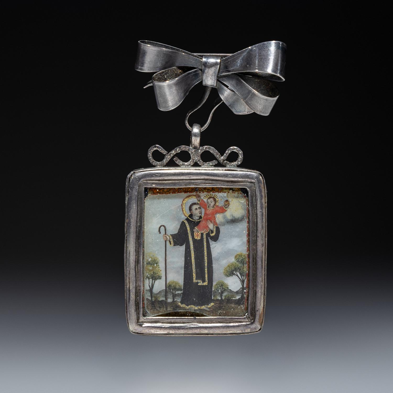 Spanish Colonial Retablo Pin, Relicario