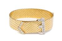 A Retro Yellow Gold and Diamond Belt Motif Bracelet, 35.40 dwts.