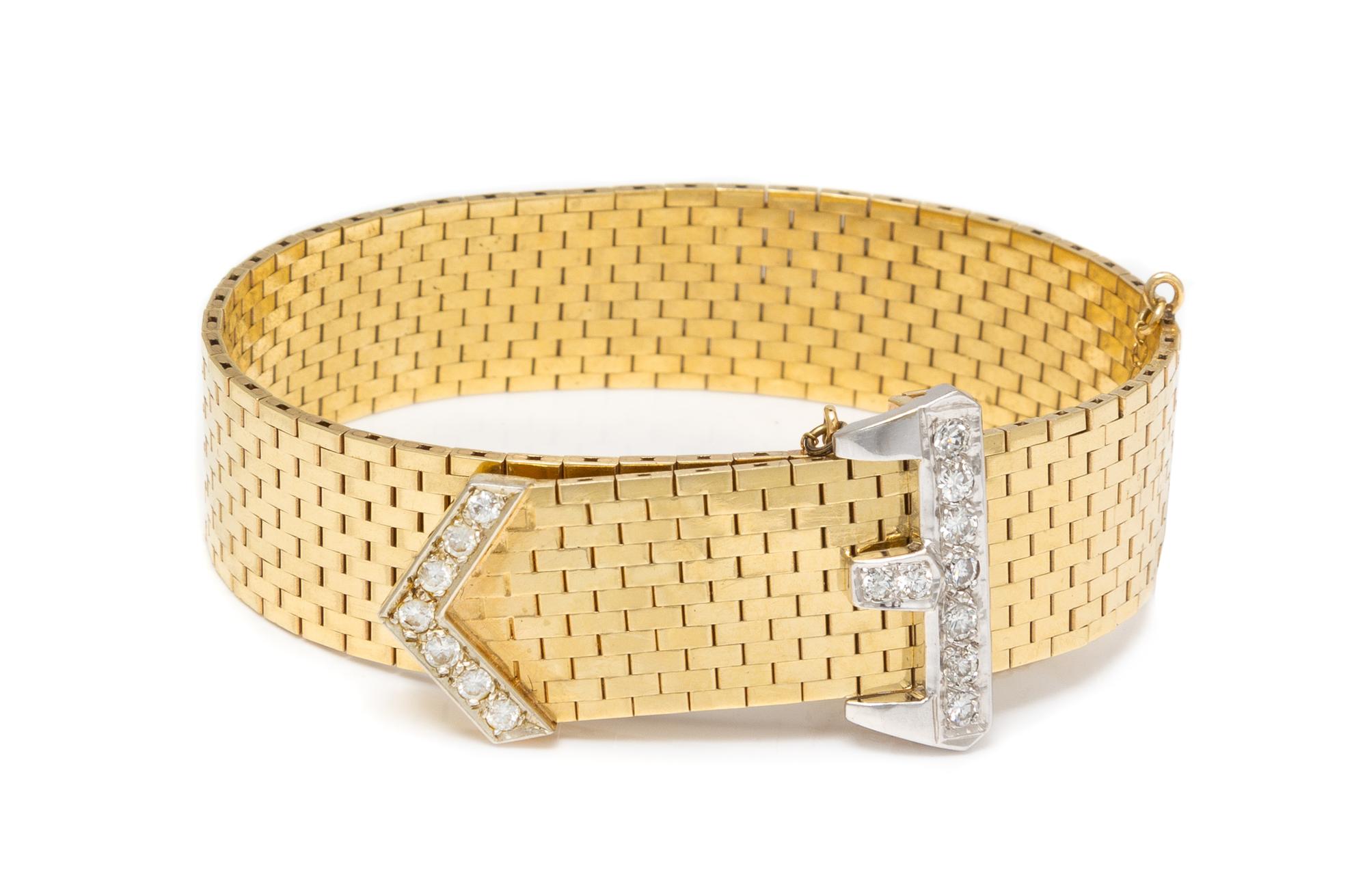 A Retro Yellow Gold and Diamond Belt Motif Bracelet, 35.40 dwts.