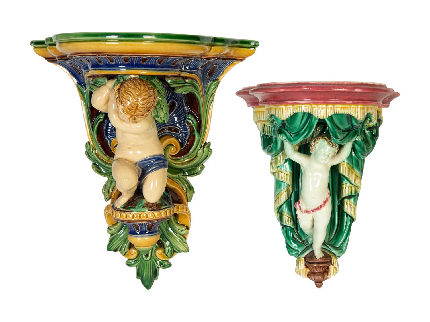 Two Majolica Putti Wall Brackets — 19th Century