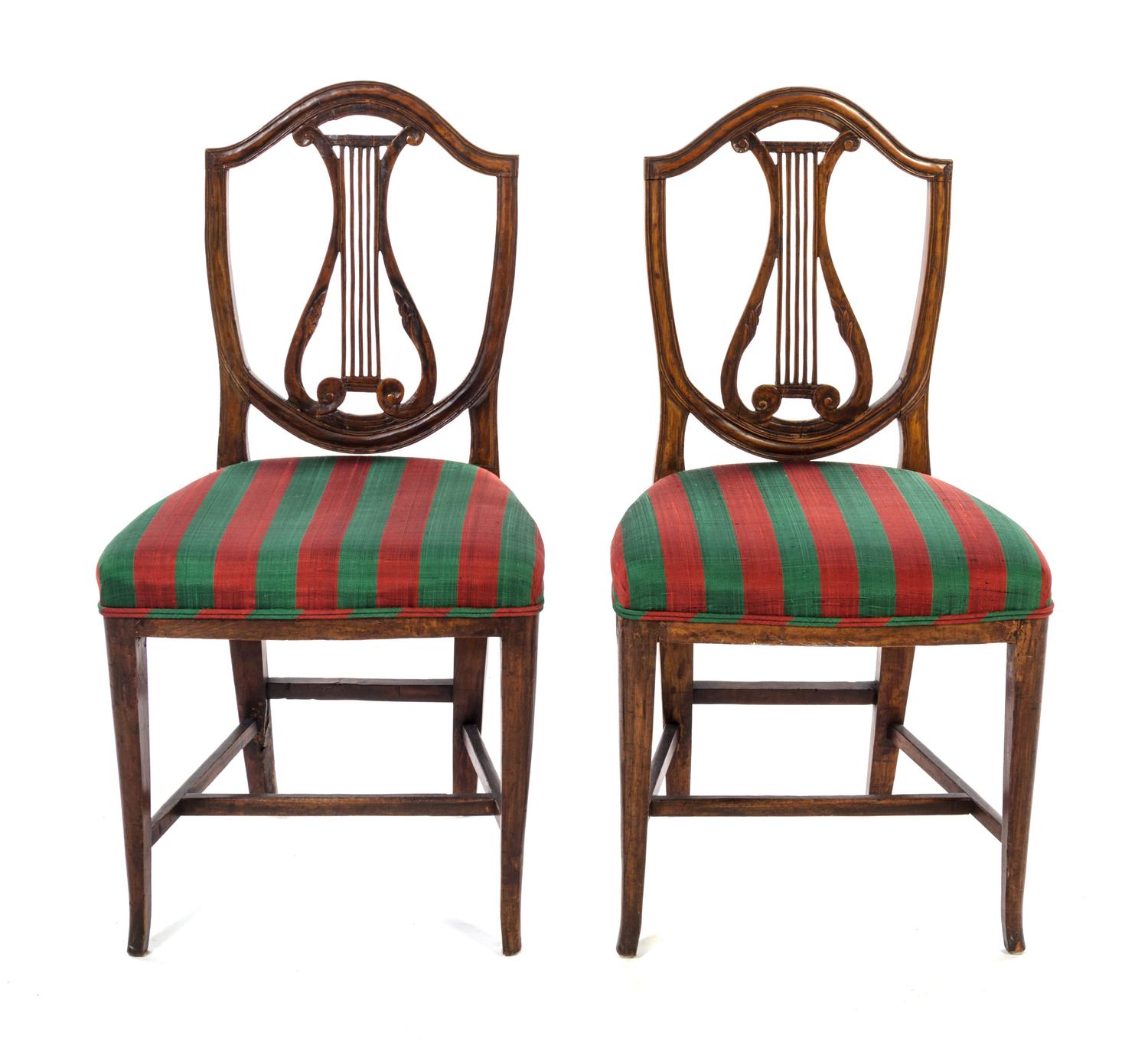 A Pair of Italian Walnut Lyre-Back Side Chairs Height 38 inches. — 18TH CENTURY
