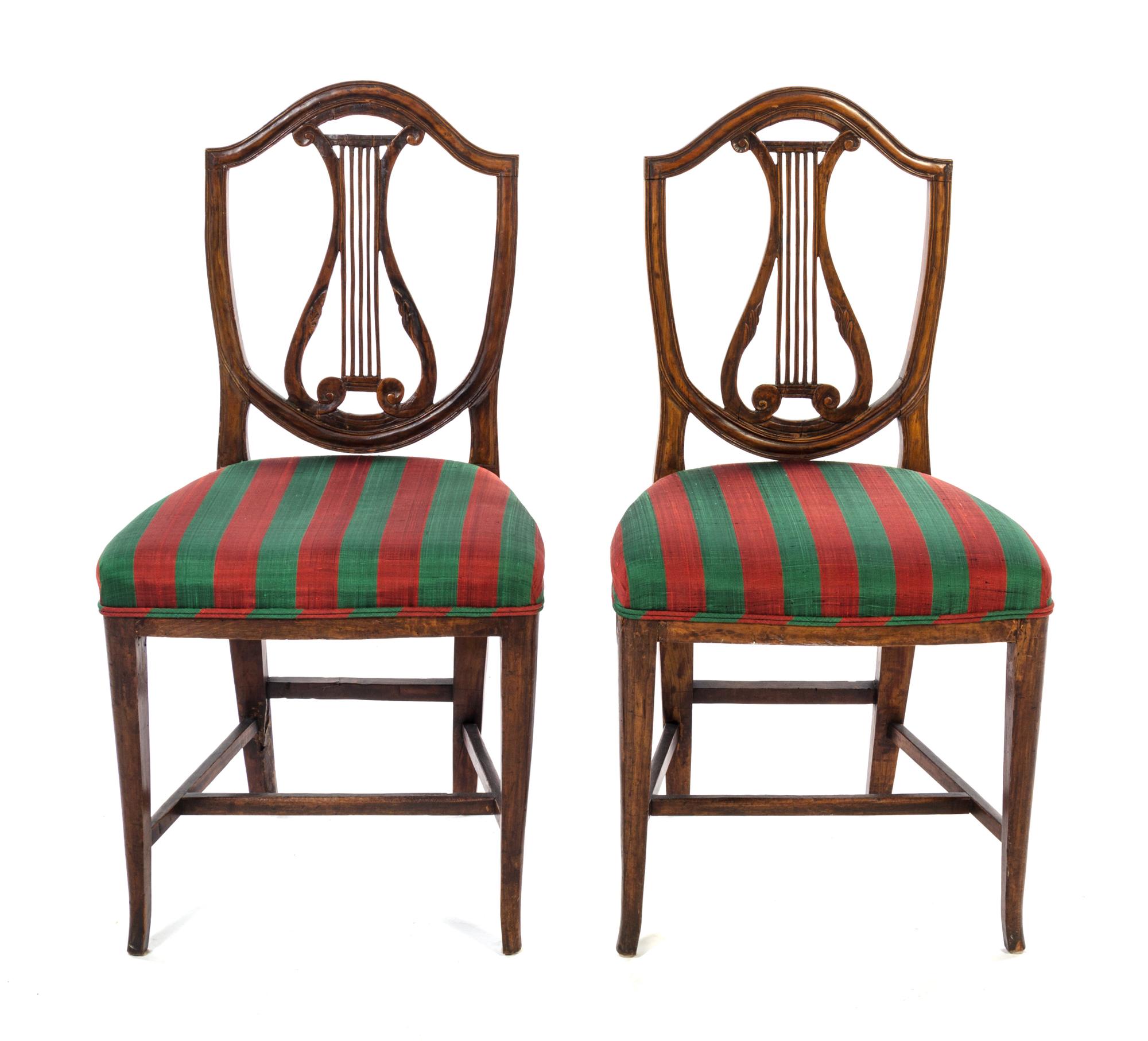 A Pair of Italian Walnut Lyre-Back Side Chairs Height 38 inches. — 18TH CENTURY