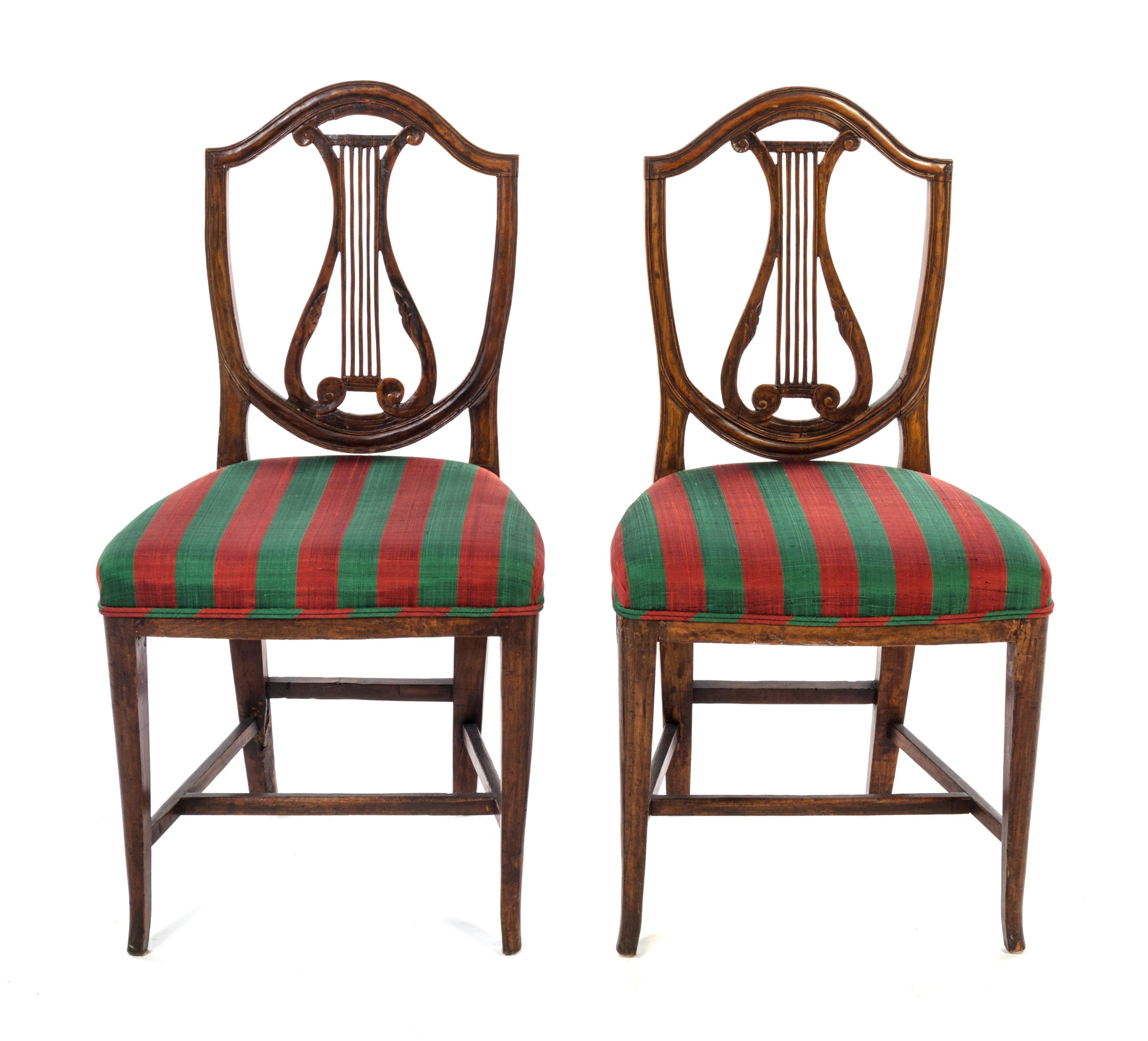 A Pair of Italian Walnut Lyre-Back Side Chairs Height 38 inches. — 18TH CENTURY