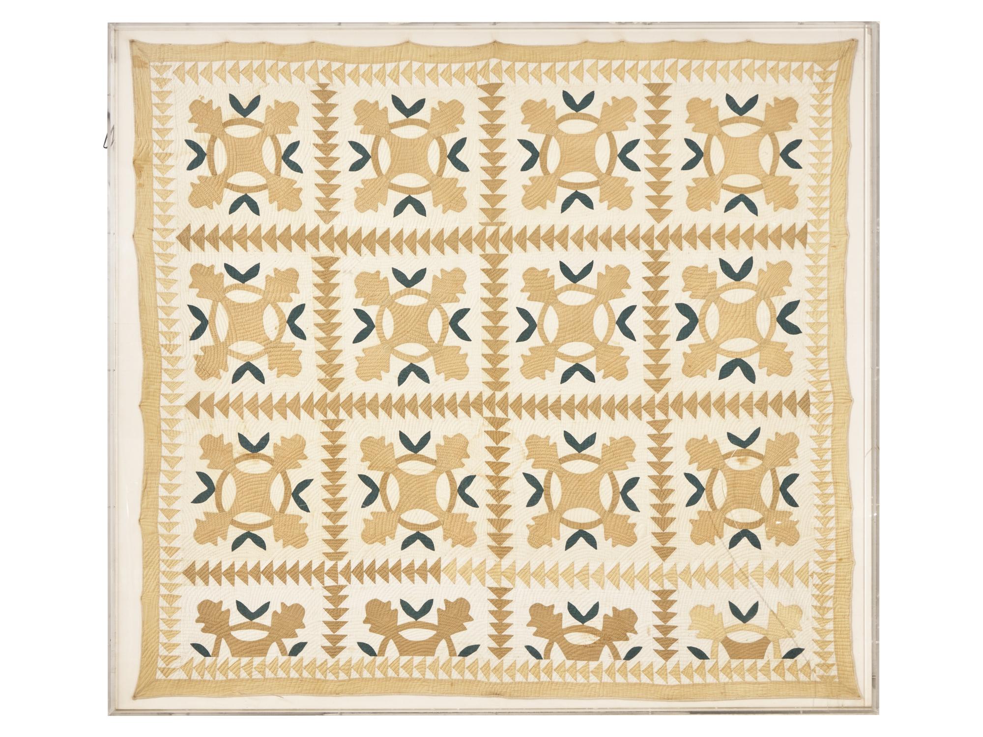 A Green and Tan Cotton Applique "Oak Leaf" Quilt